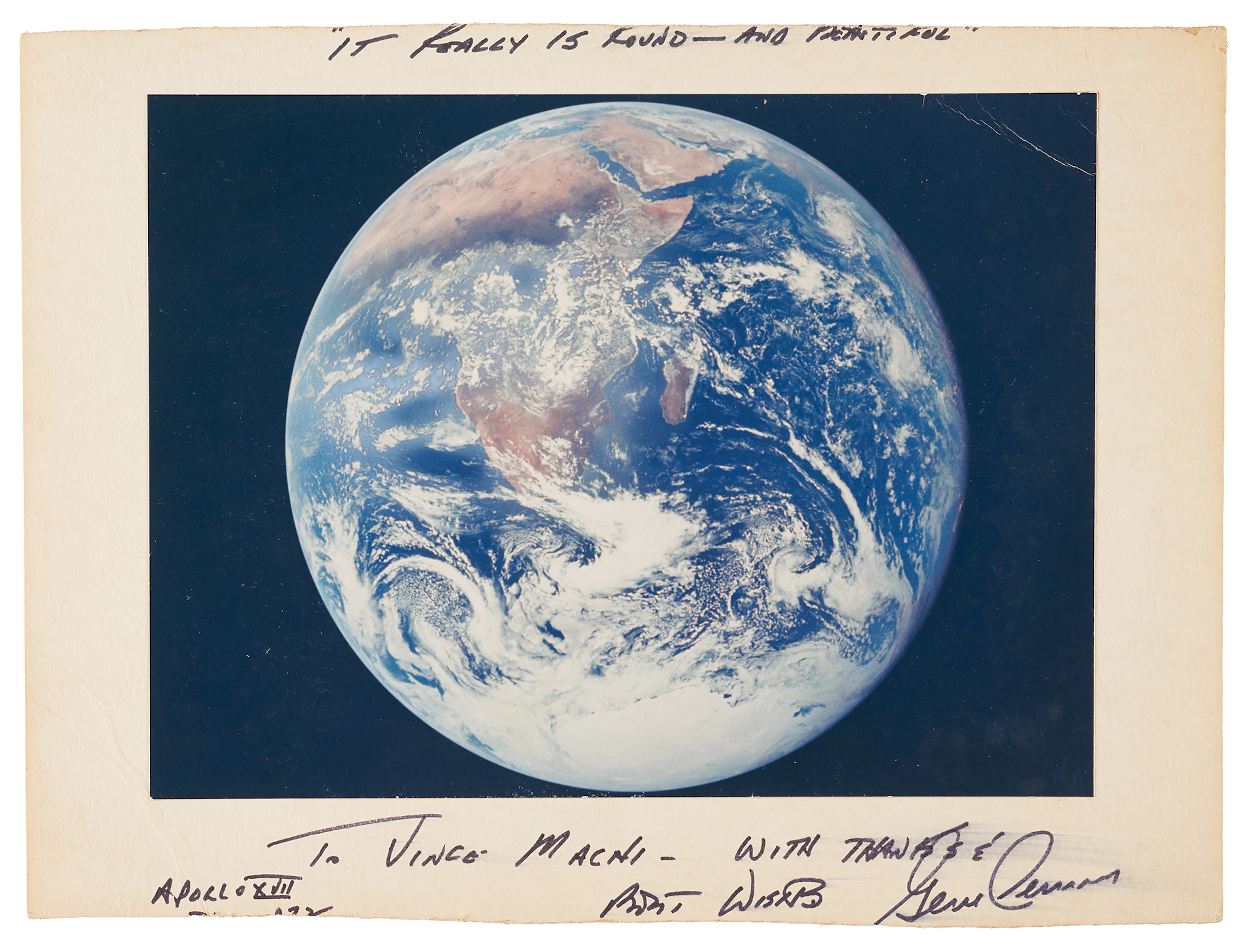 Gene Cernan Signed 'Earth' Photograph - "It really is round – and beautiful"