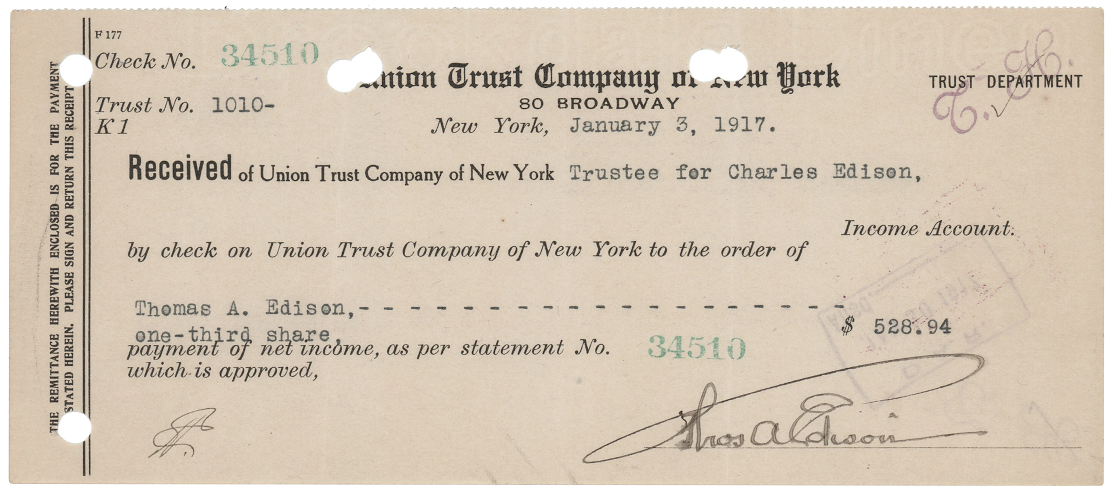 Thomas Edison War-Dated Document Signed - Trust Disbursement for His