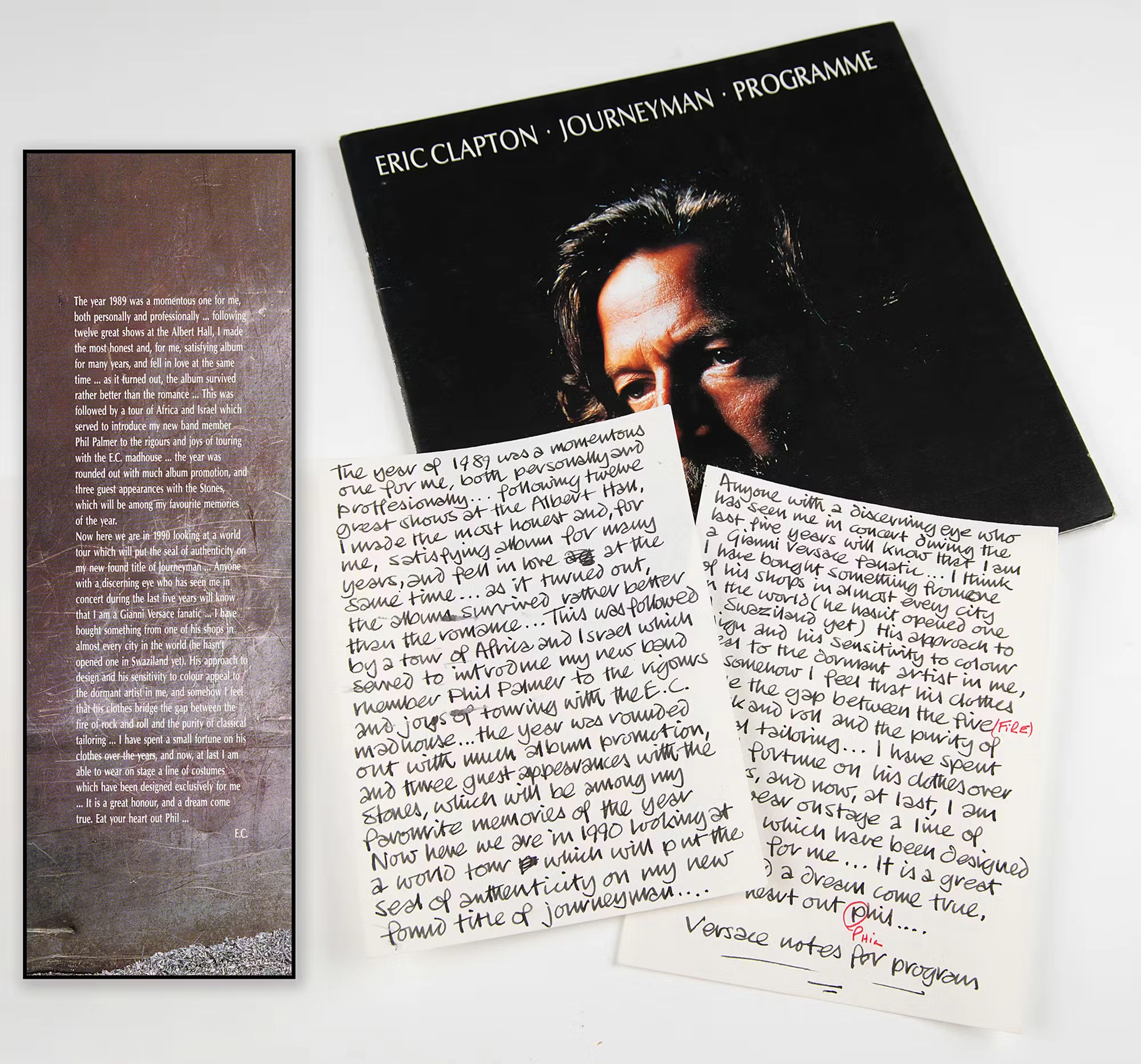 Eric Clapton Handwritten “Versace notes for program” Statement, Printed