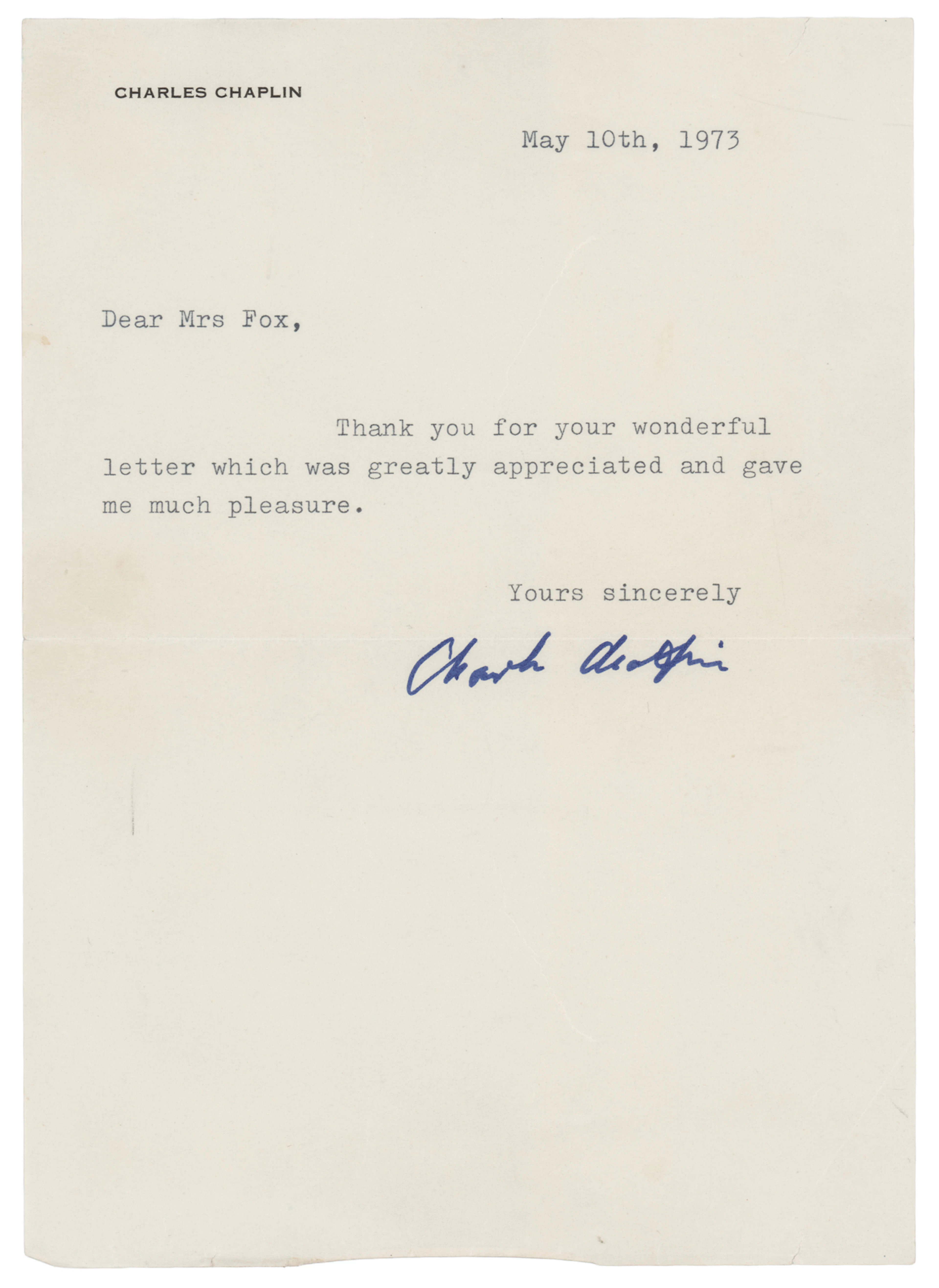 Charlie Chaplin Typed Letter Signed