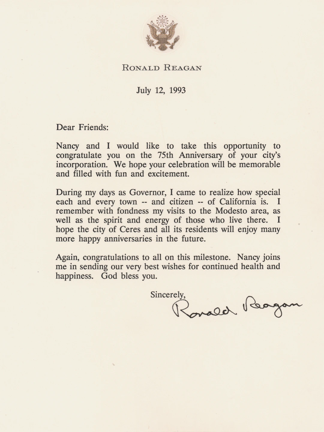 Ronald Reagan Typed Letter Signed: "During my days as Governor, I