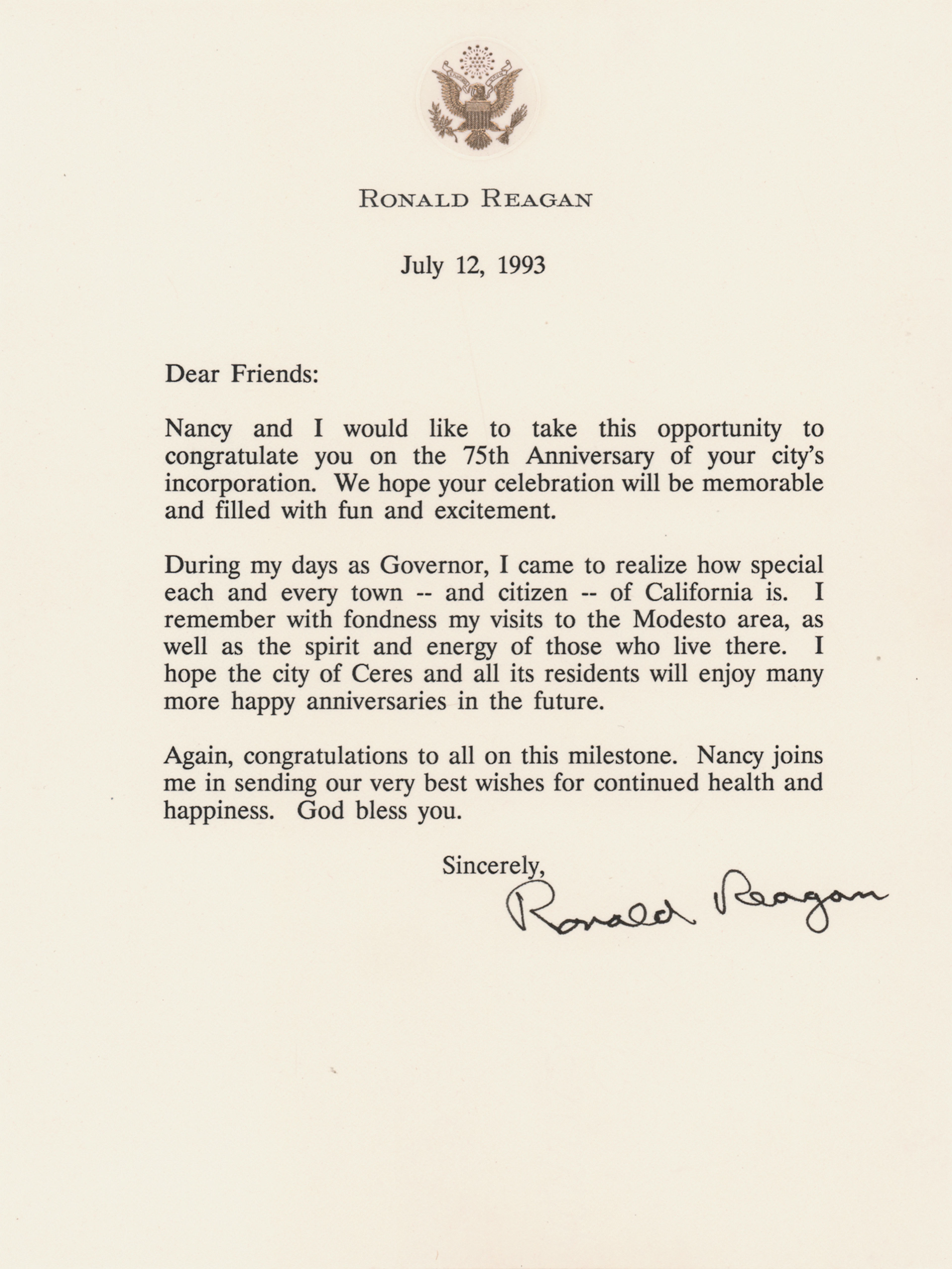 Ronald Reagan Typed Letter Signed: "During my days as Governor, I