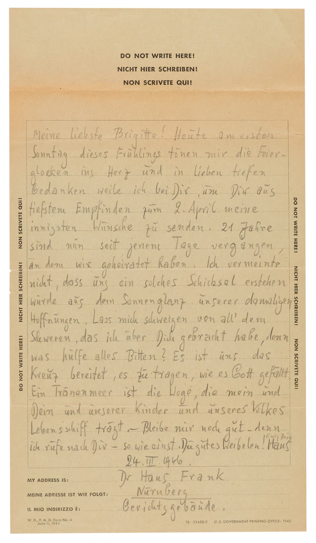 Hans Frank Autograph Letter Signed from Nuremberg to His Wife: "What
