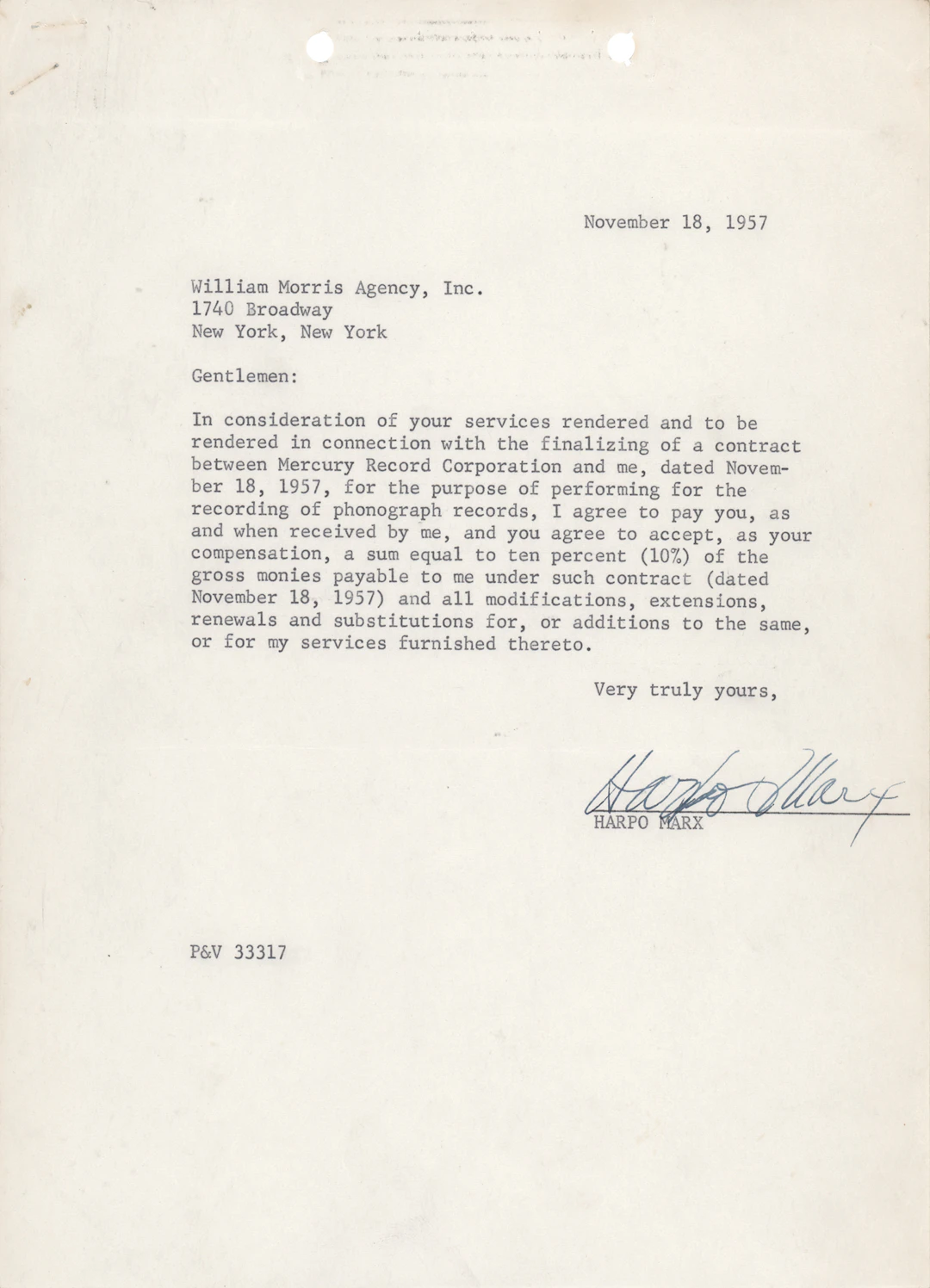 Harpo Marx Document Signed
