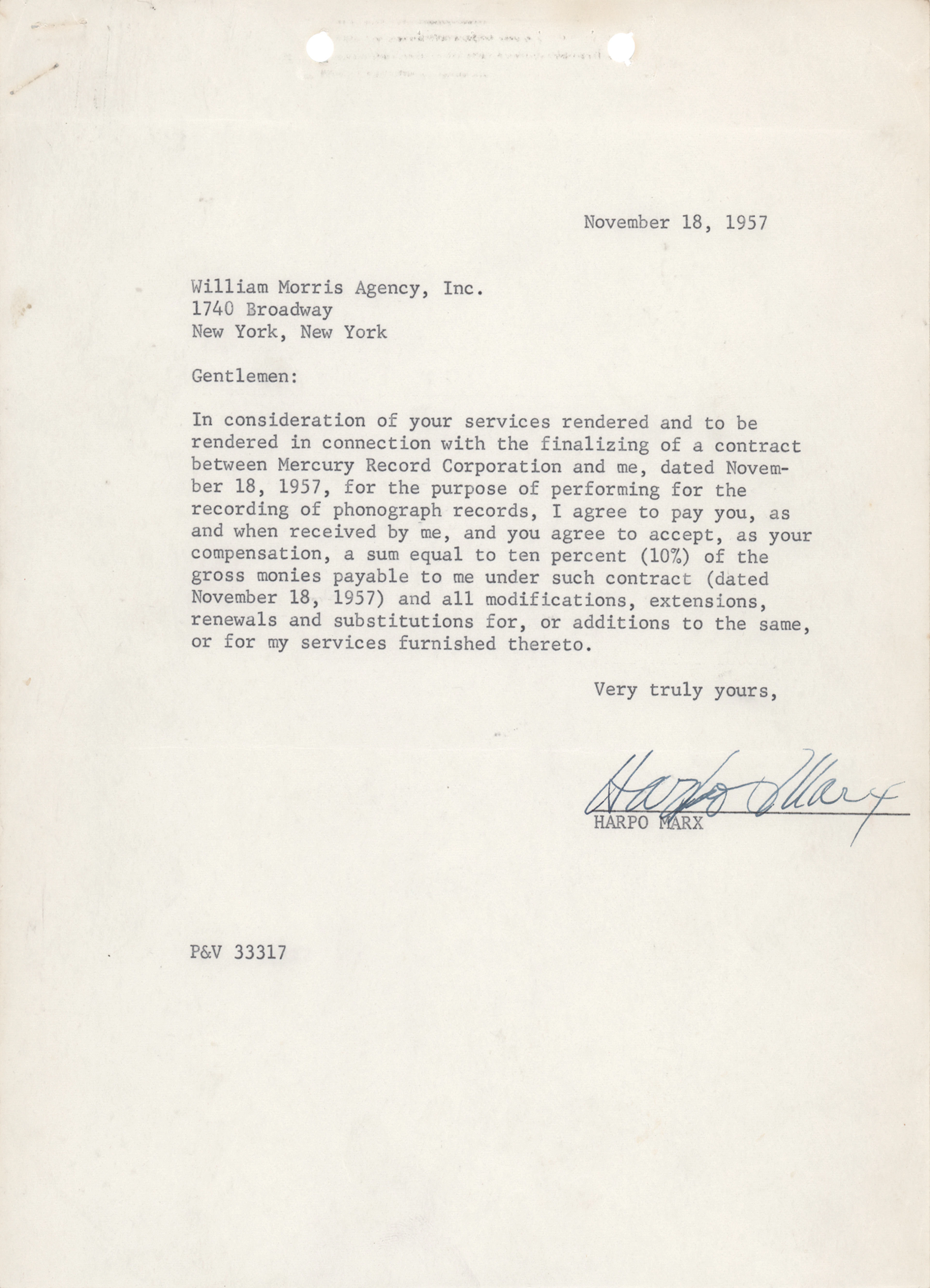 Harpo Marx Document Signed