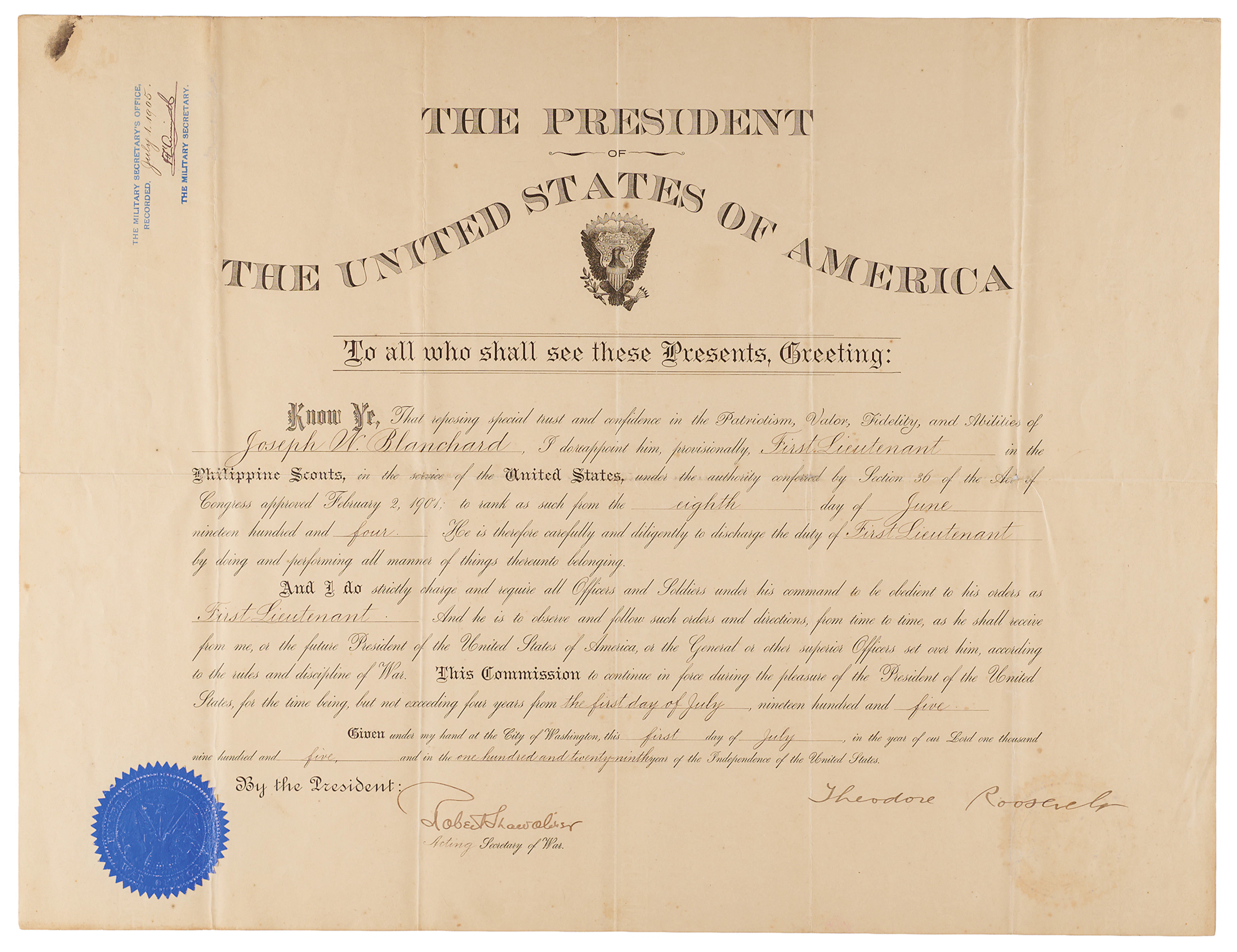 Theodore Roosevelt Document Signed as President, Appointing a Lieutenant