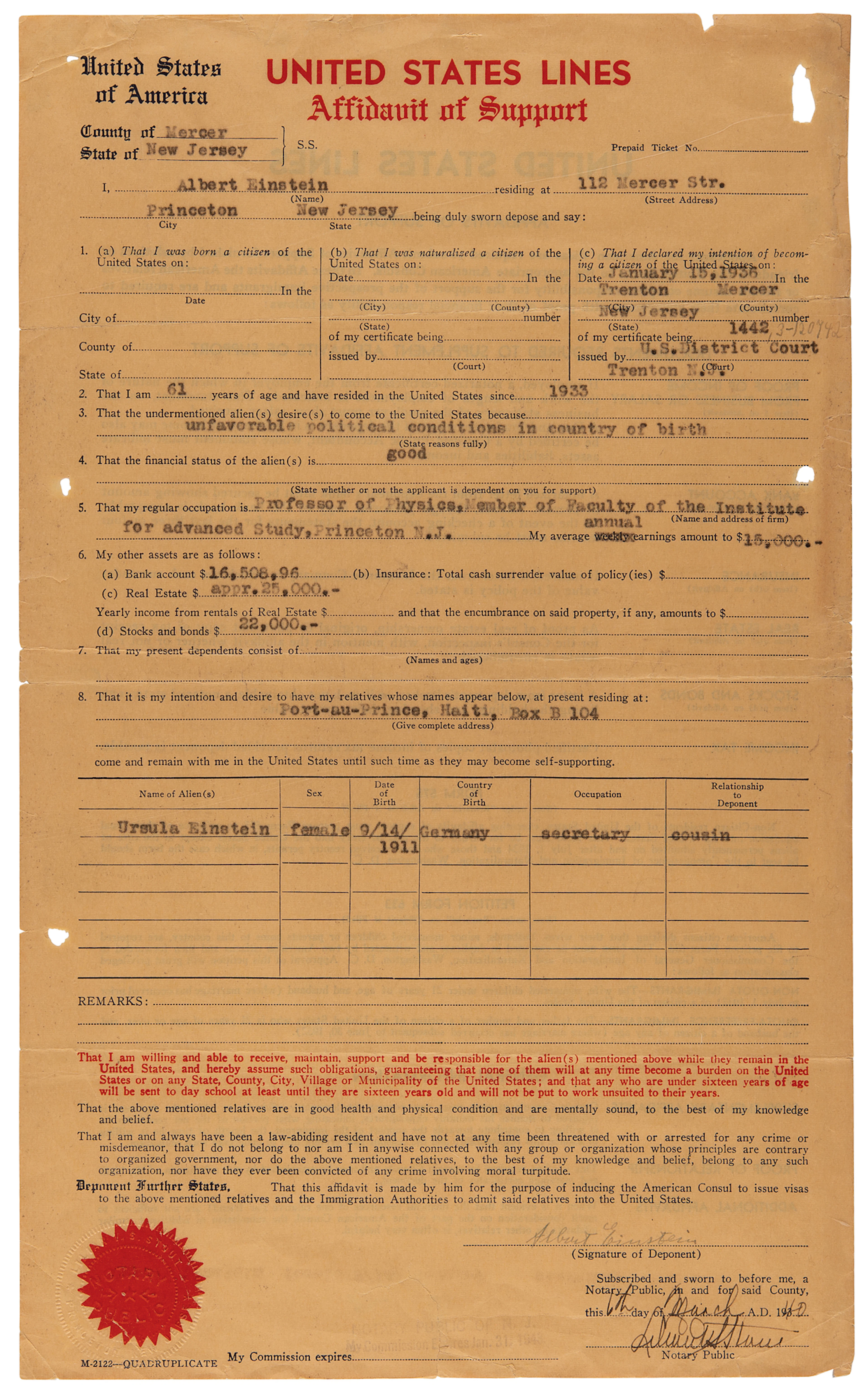 Albert Einstein Document Signed (1940) - Affidavit of Support for