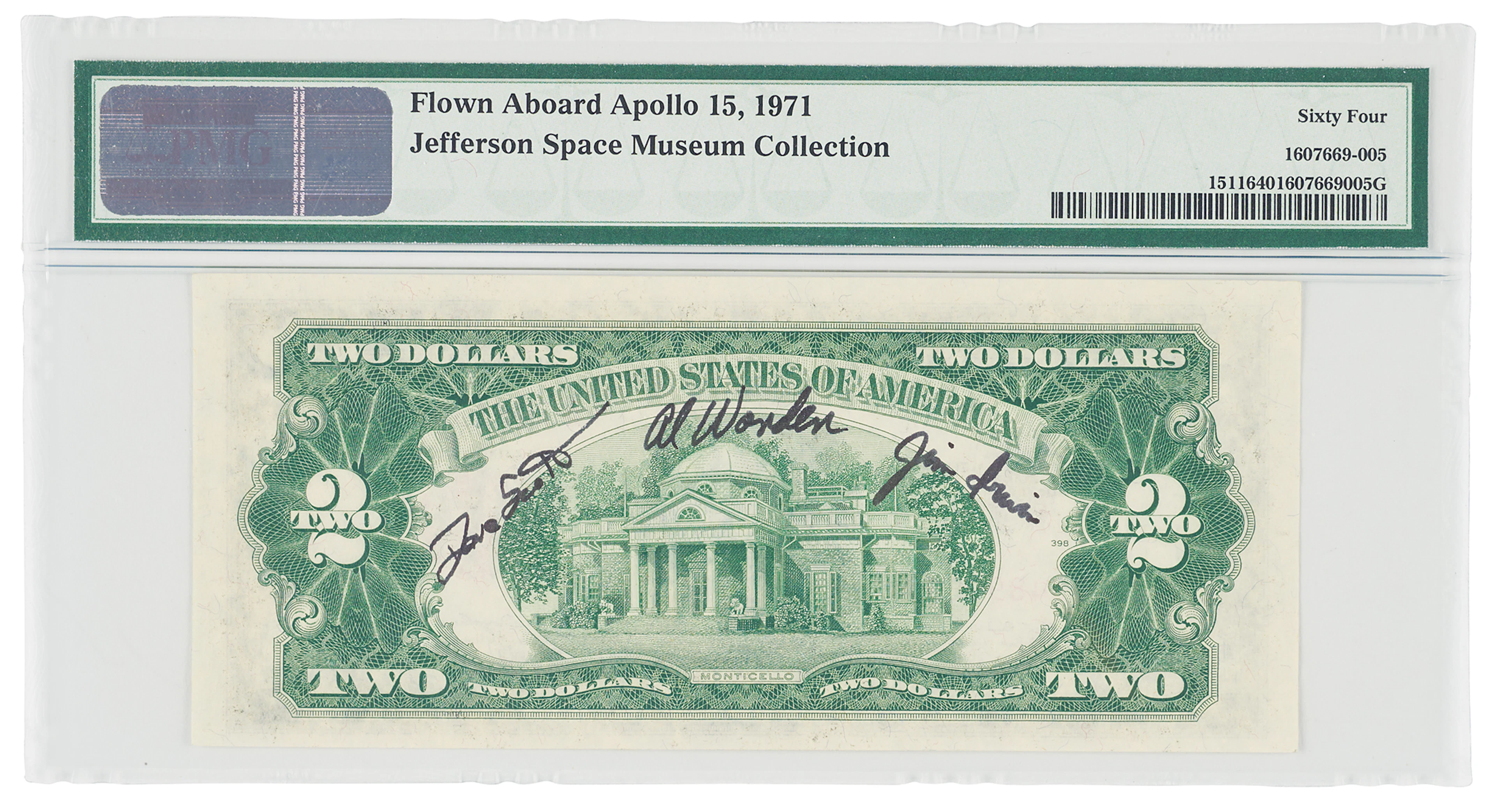 Apollo 15 Flown $2 Dollar Bill, Signed by Dave Scott, Jim Irwin, and