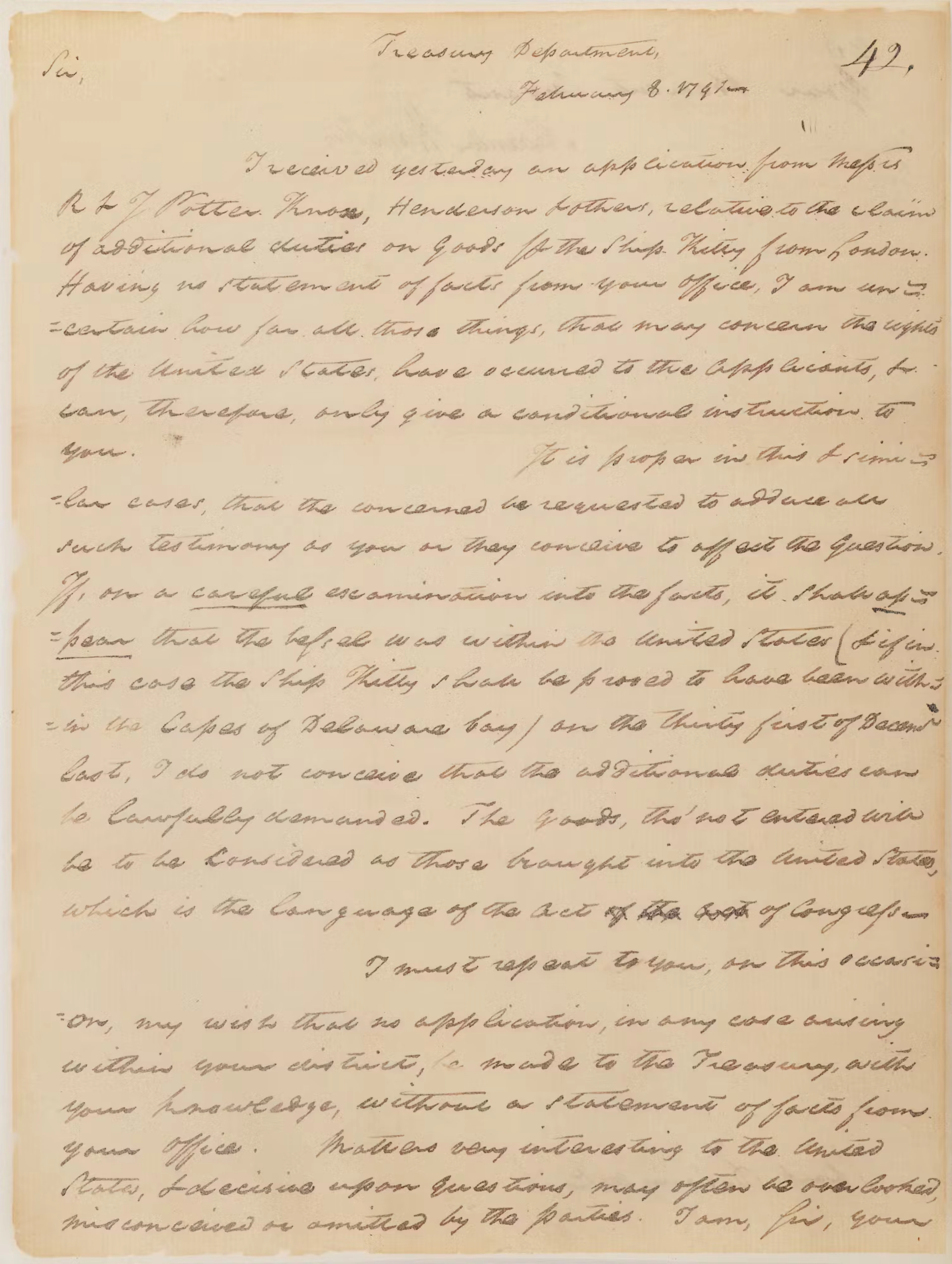 Alexander Hamilton Letter Signed as Treasury Secretary re: Duties