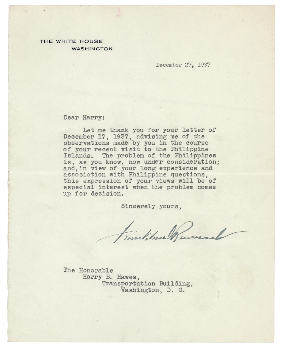 Franklin D. Roosevelt Typed Letter Signed as President