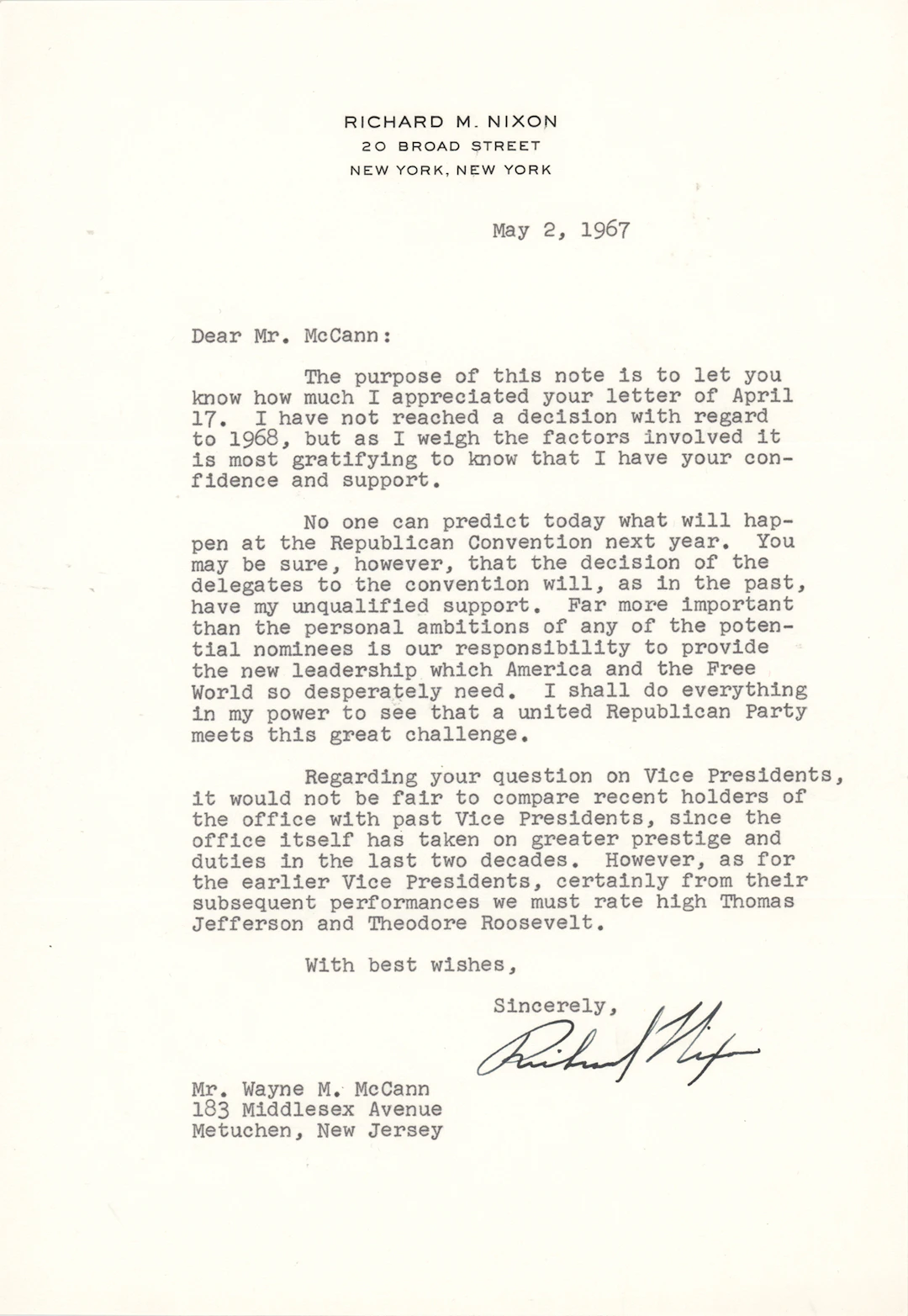 Richard Nixon Typed Letter Signed, Ranking History's Vice Presidents: