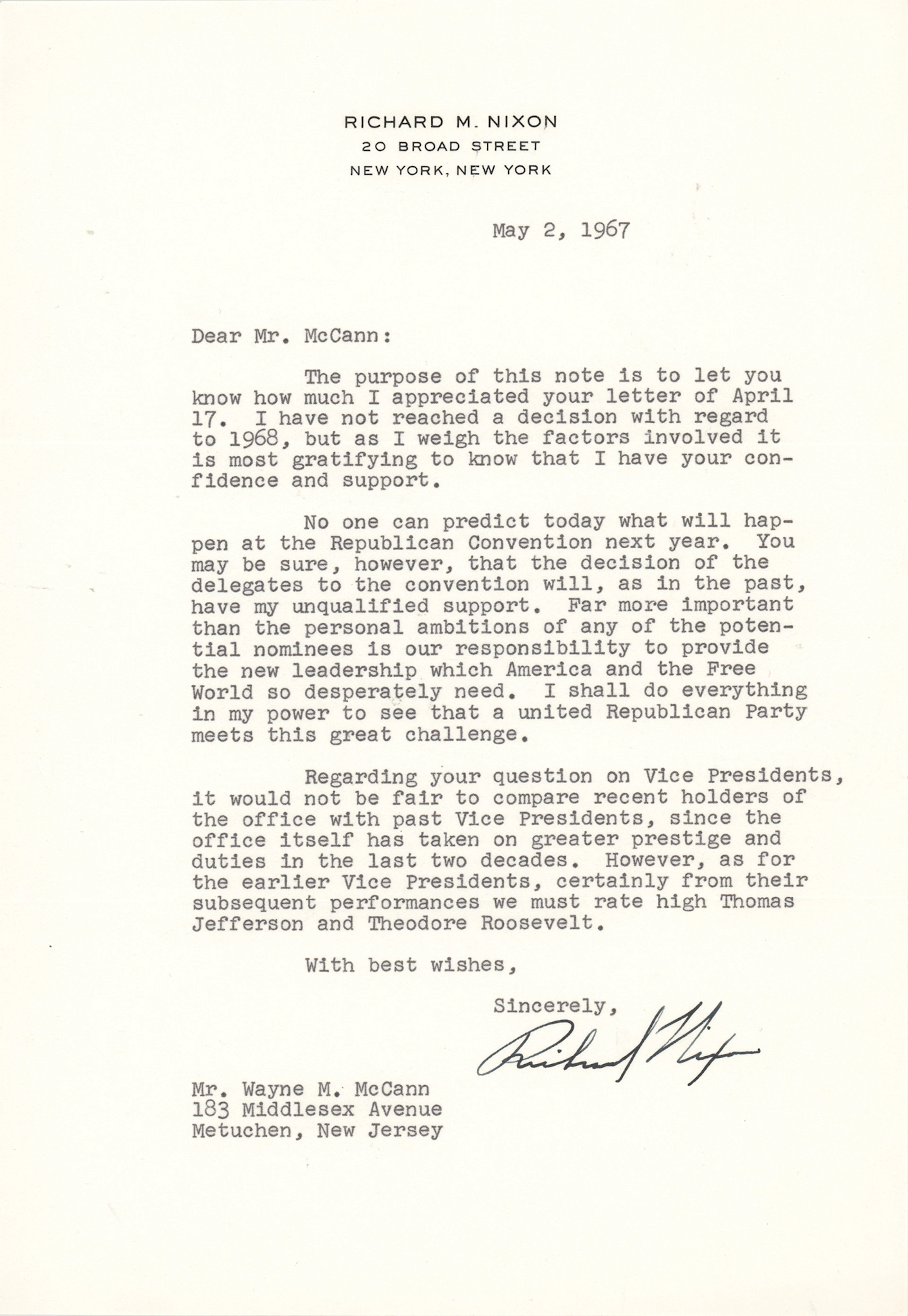 Richard Nixon Typed Letter Signed, Ranking History's Vice Presidents: