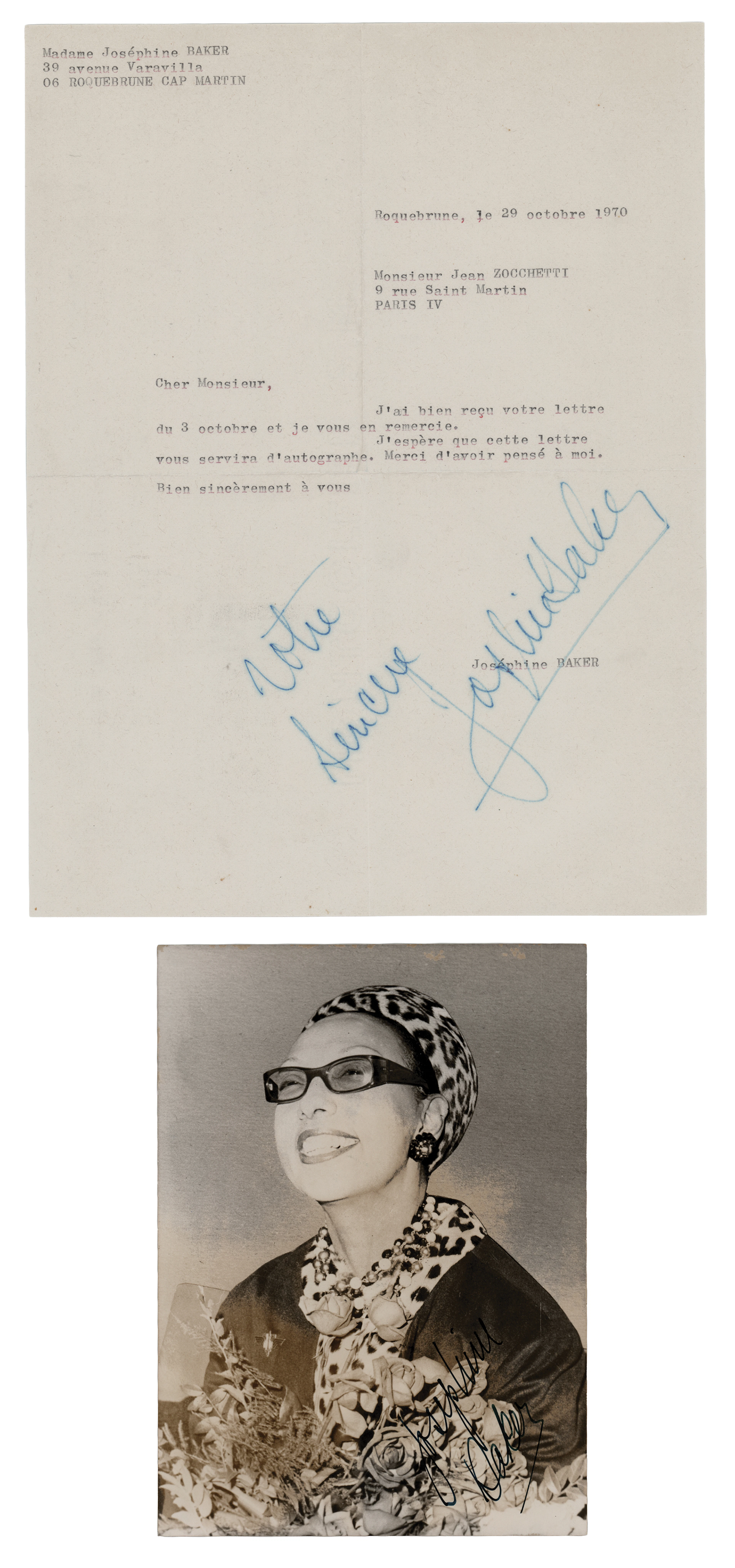 Josephine Baker (2) Signed Items - Photograph and Typed Letter