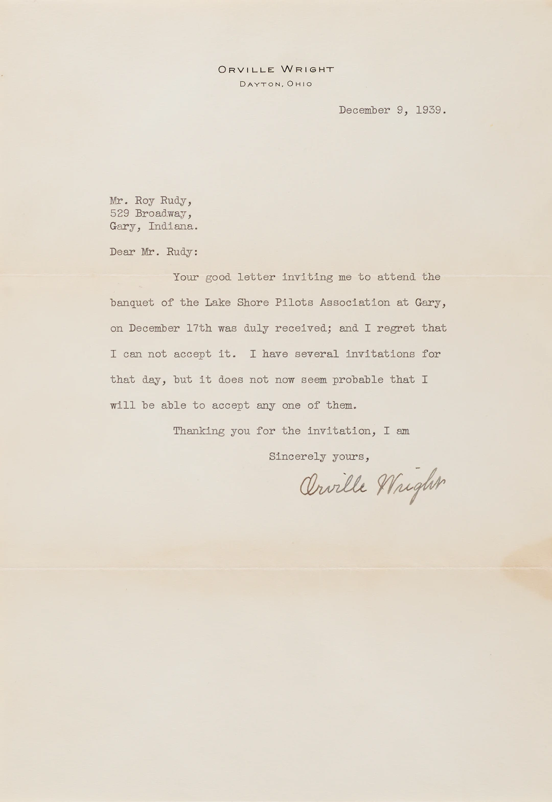 Orville Wright Typed Letter Signed