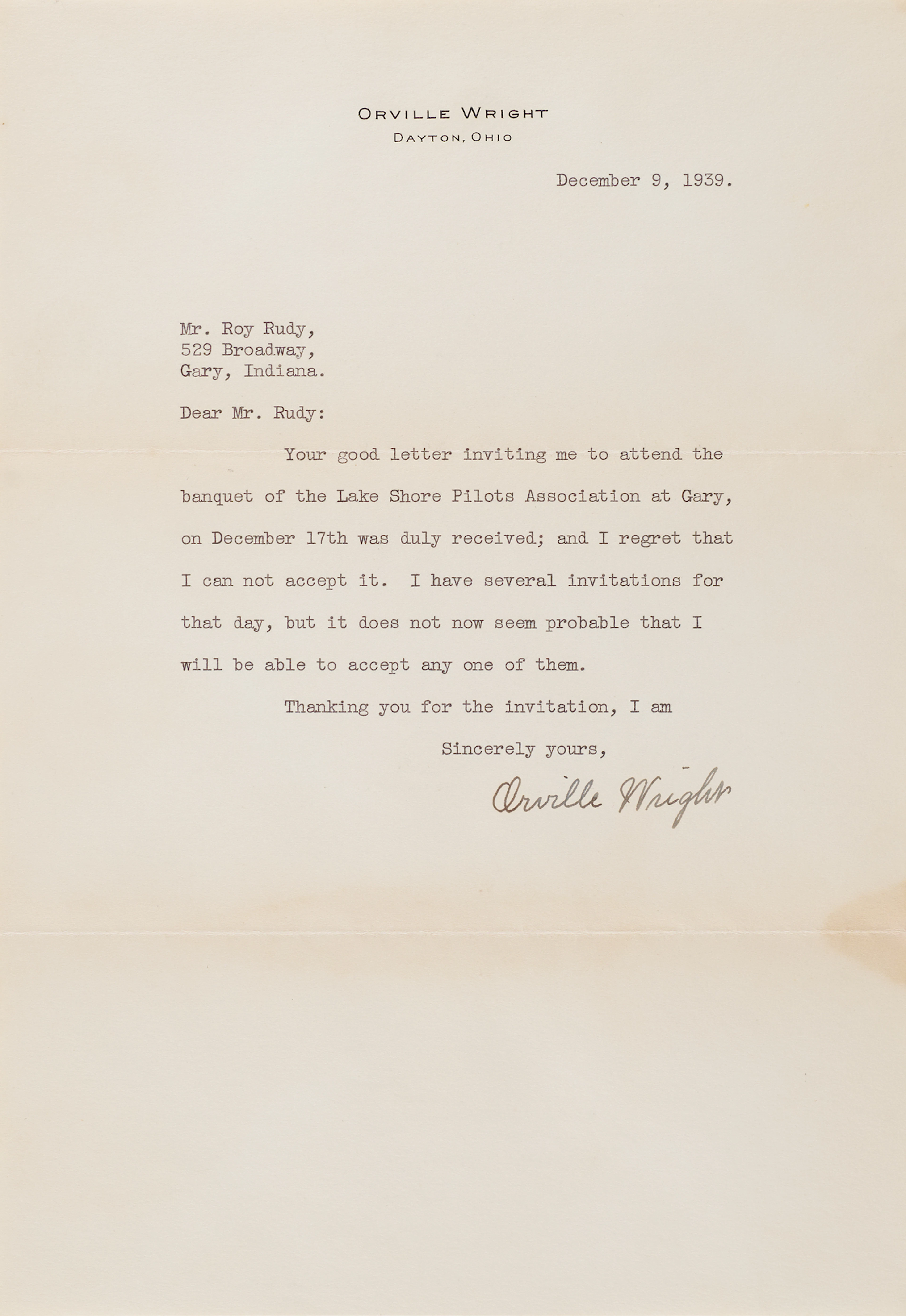 Orville Wright Typed Letter Signed