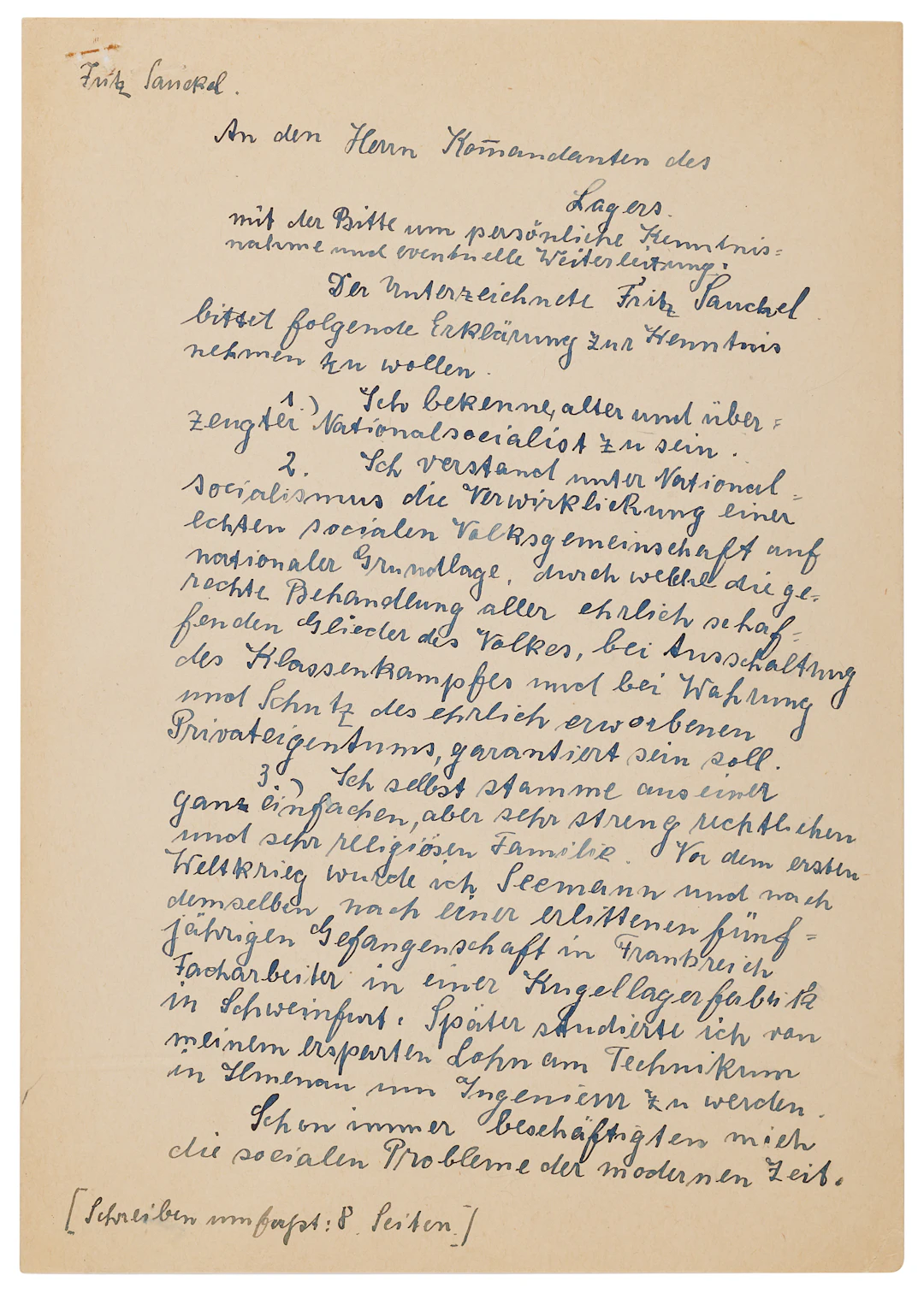 Fritz Sauckel Autograph Letter Signed, Admitting His Role Over Concentration