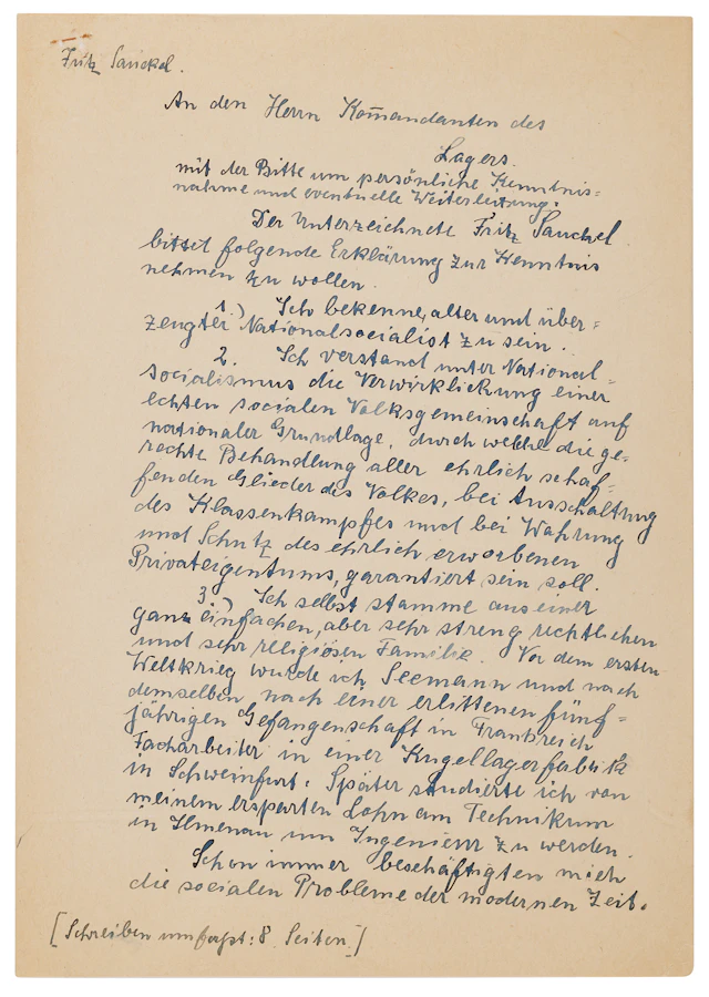 Fritz Sauckel Autograph Letter Signed, Admitting His Role Over Concentration