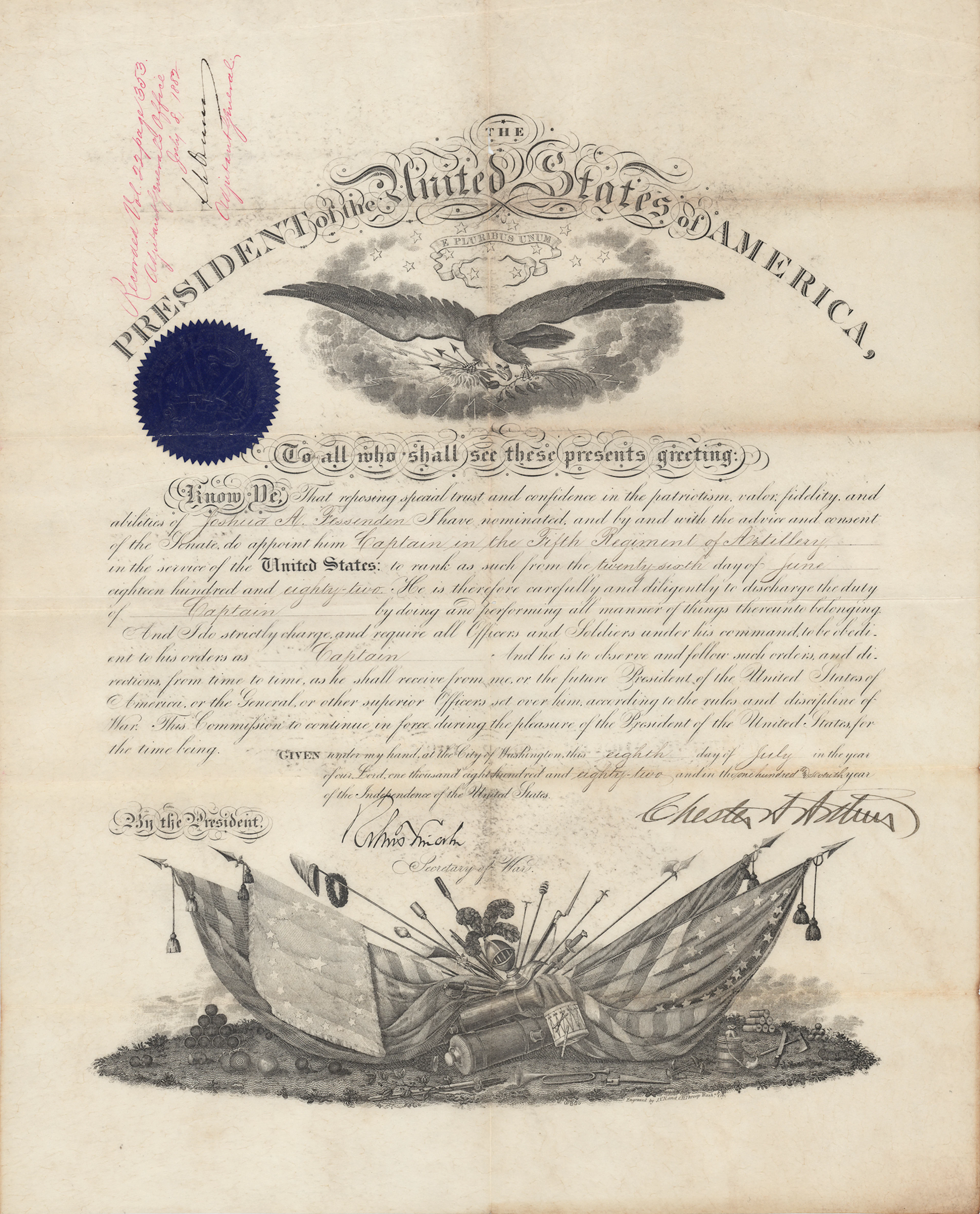 Chester A. Arthur Document Signed as President, Promoting a Captain
