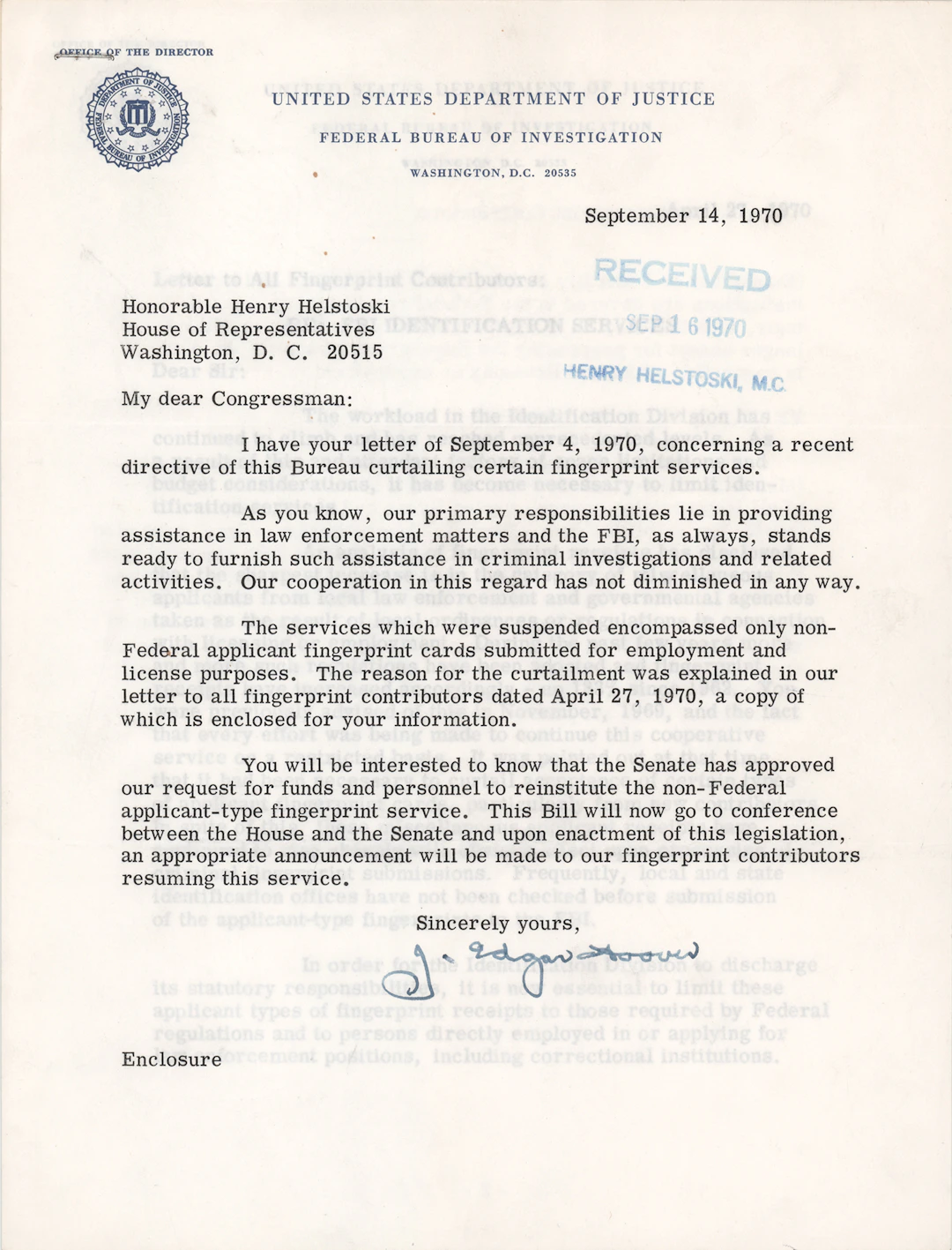 J. Edgar Hoover Typed Letter Signed to a Congressman on the FBI's