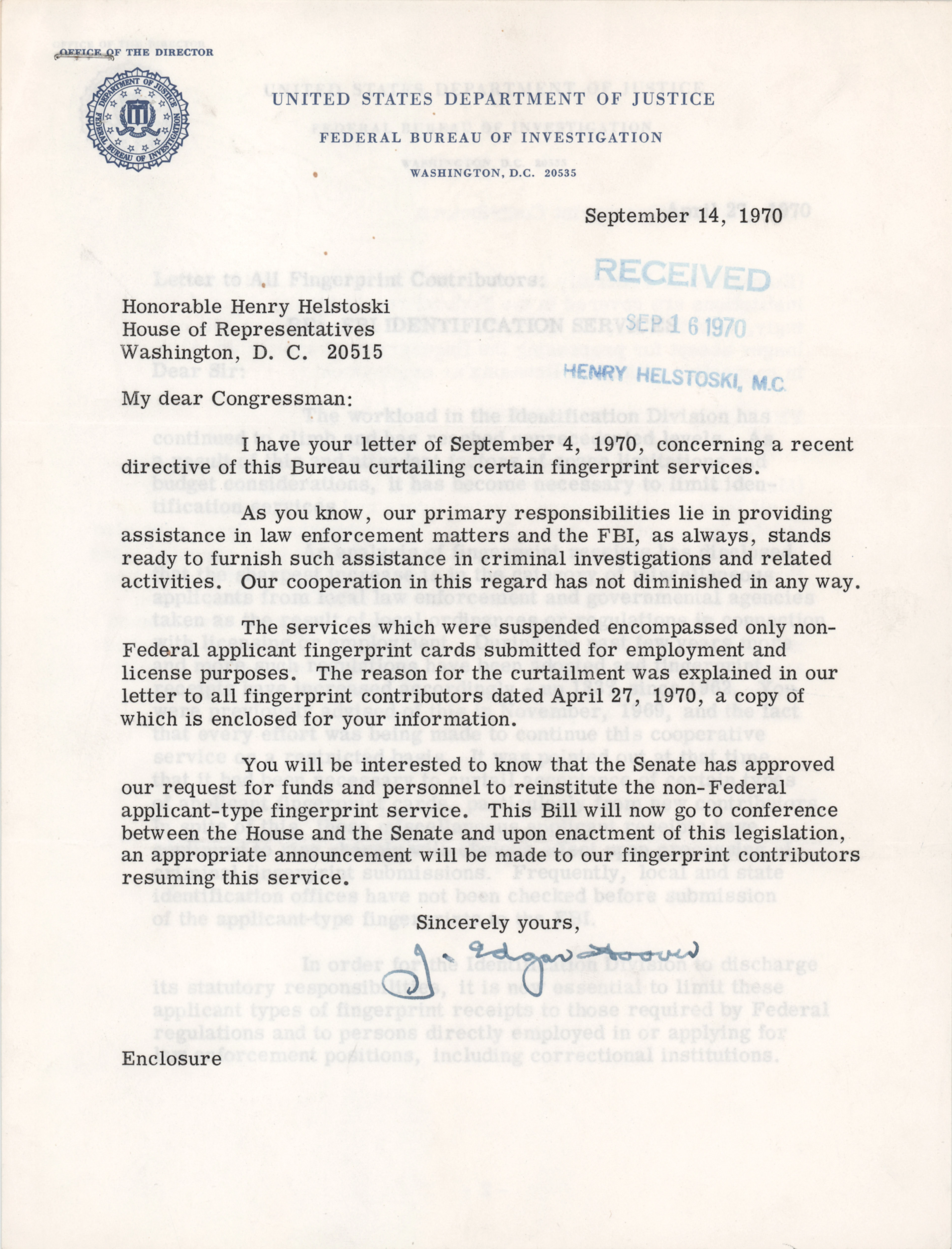 J. Edgar Hoover Typed Letter Signed to a Congressman on the FBI's