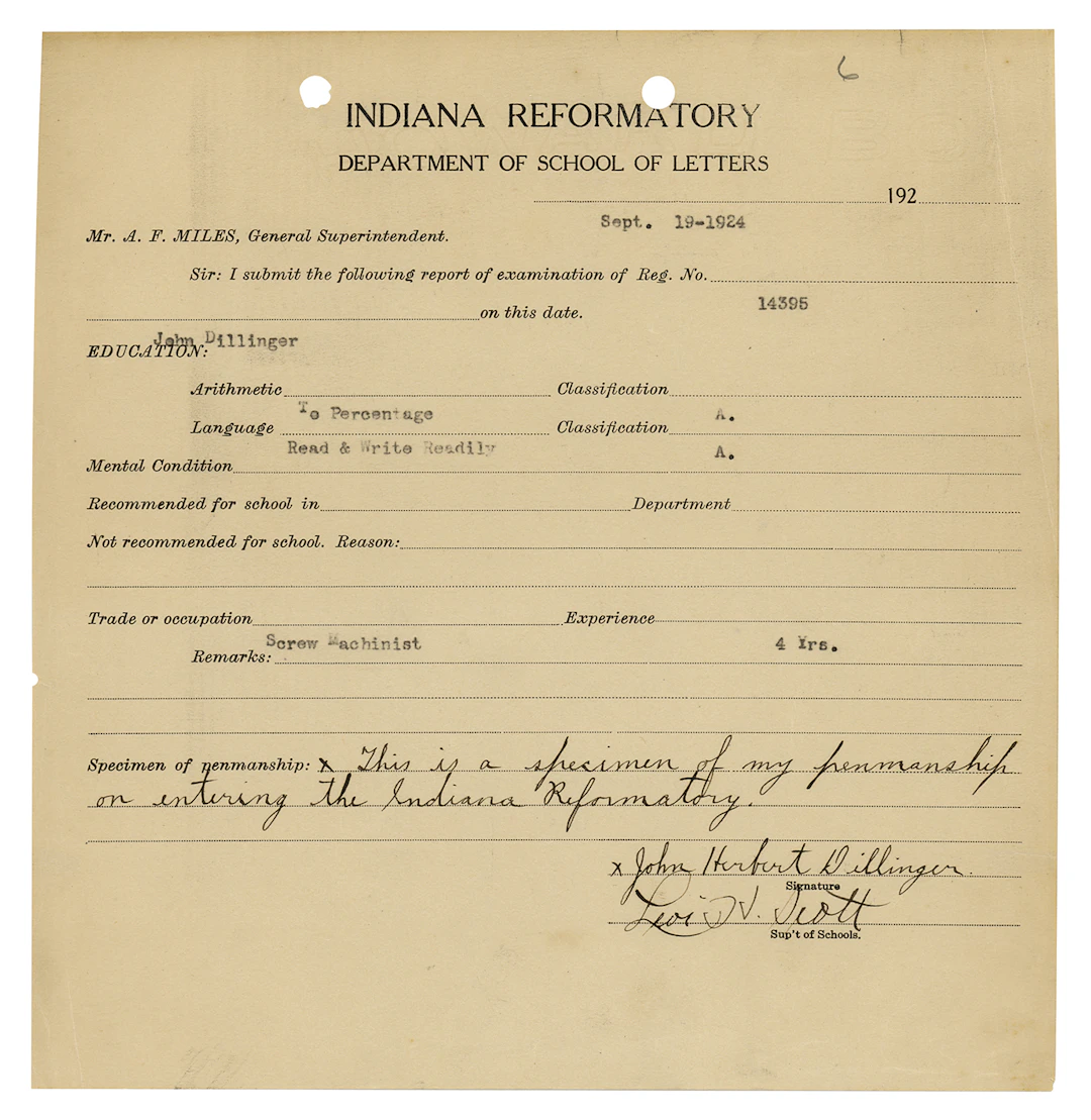 John Dillinger 'Indiana Reformatory School' Document Signed