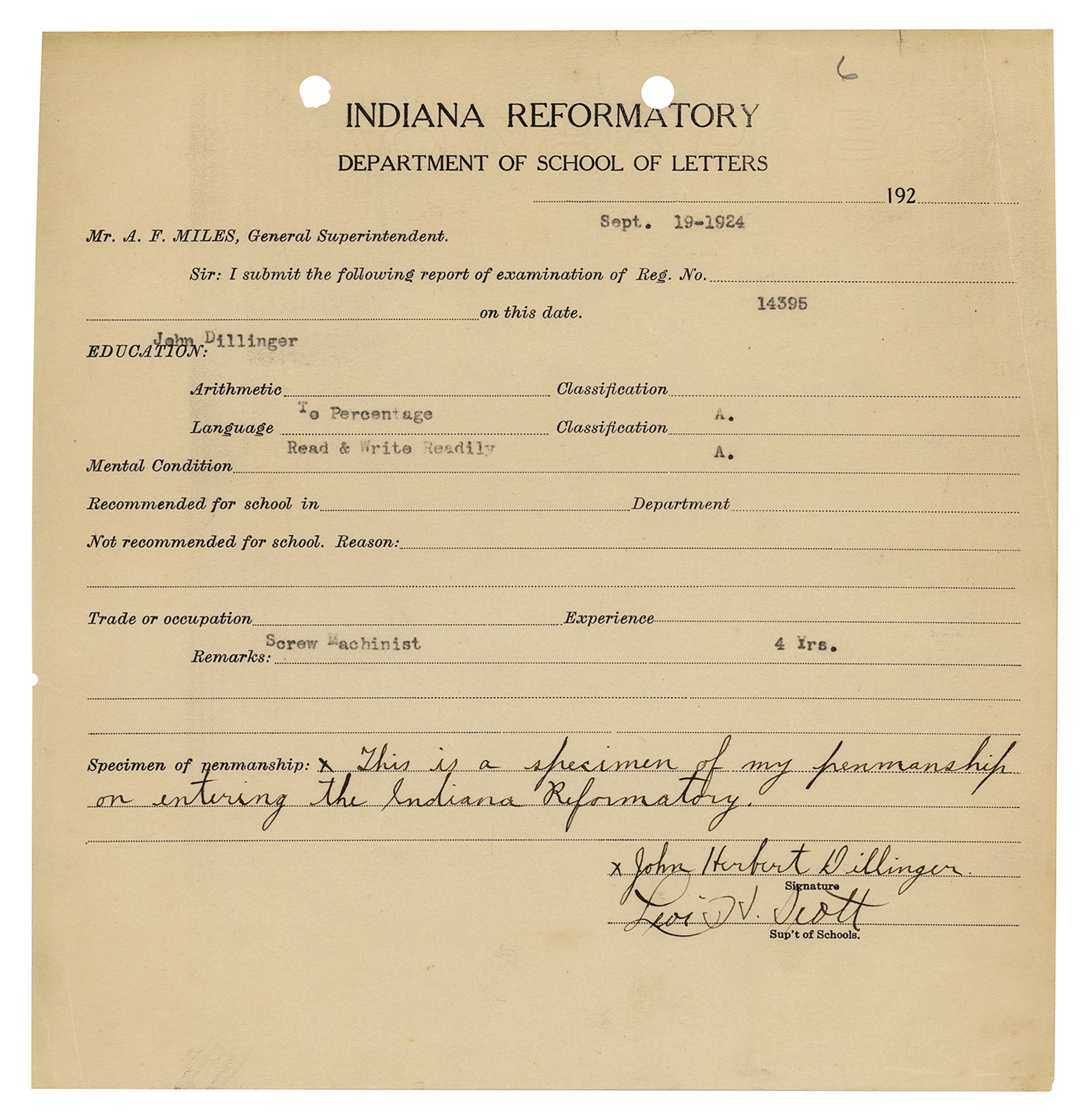 John Dillinger 'Indiana Reformatory School' Document Signed