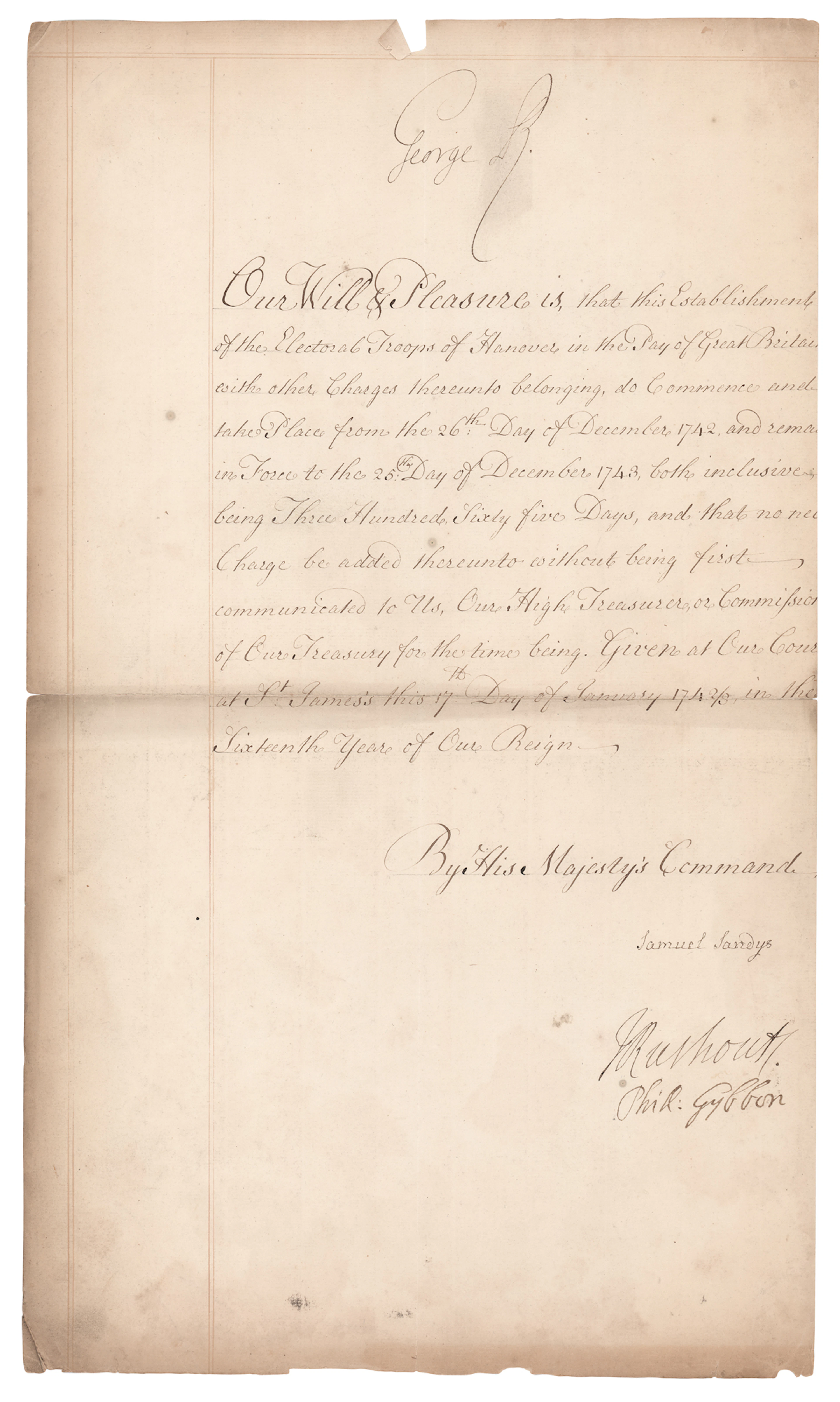 King George II Document Signed for Payment of the "Electoral Troops of Hanover"