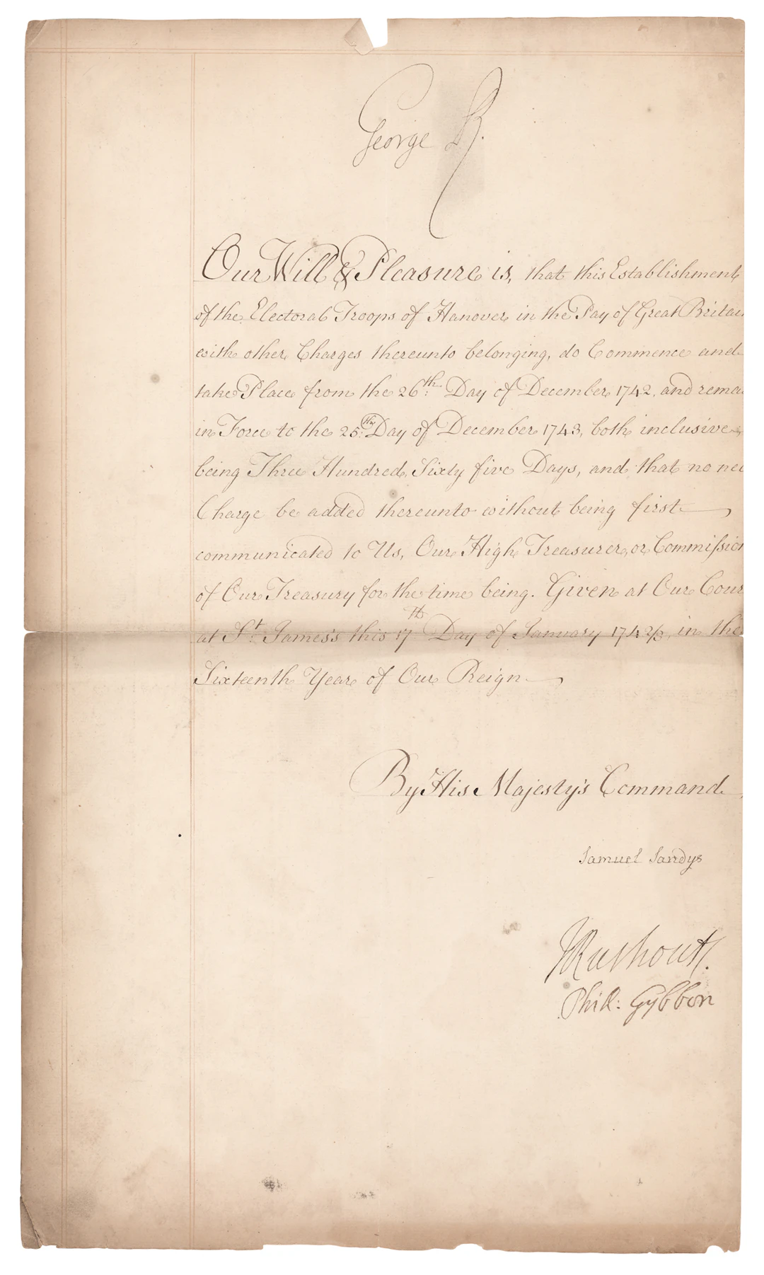 King George II Document Signed for Payment of the "Electoral Troops of Hanover"