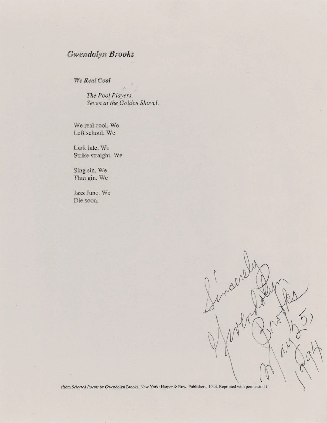 Gwendolyn Brooks Signed Souvenir Typescript - 'We Real Cool'