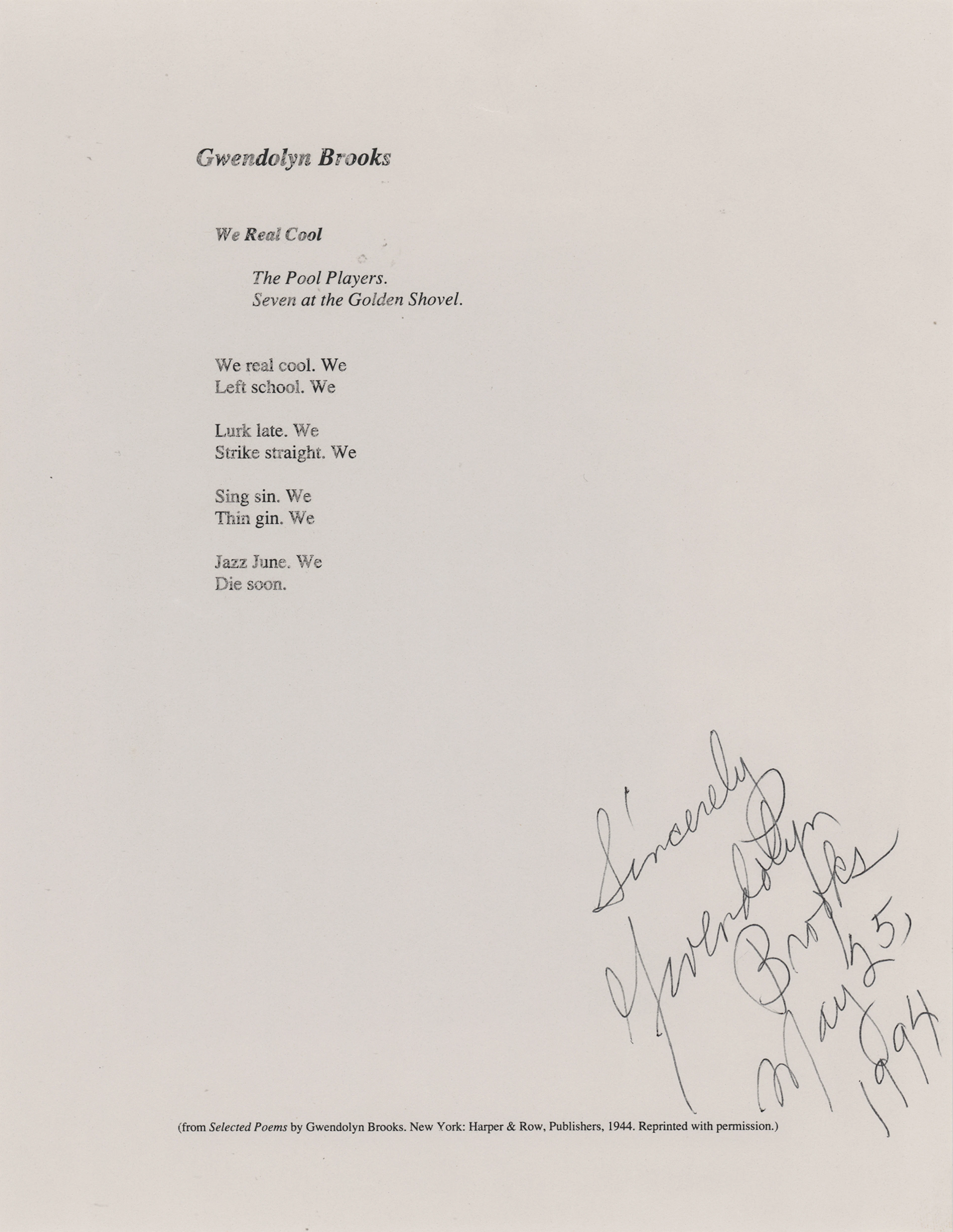 Gwendolyn Brooks Signed Souvenir Typescript - 'We Real Cool'
