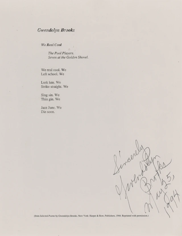 Gwendolyn Brooks Signed Souvenir Typescript - 'We Real Cool'