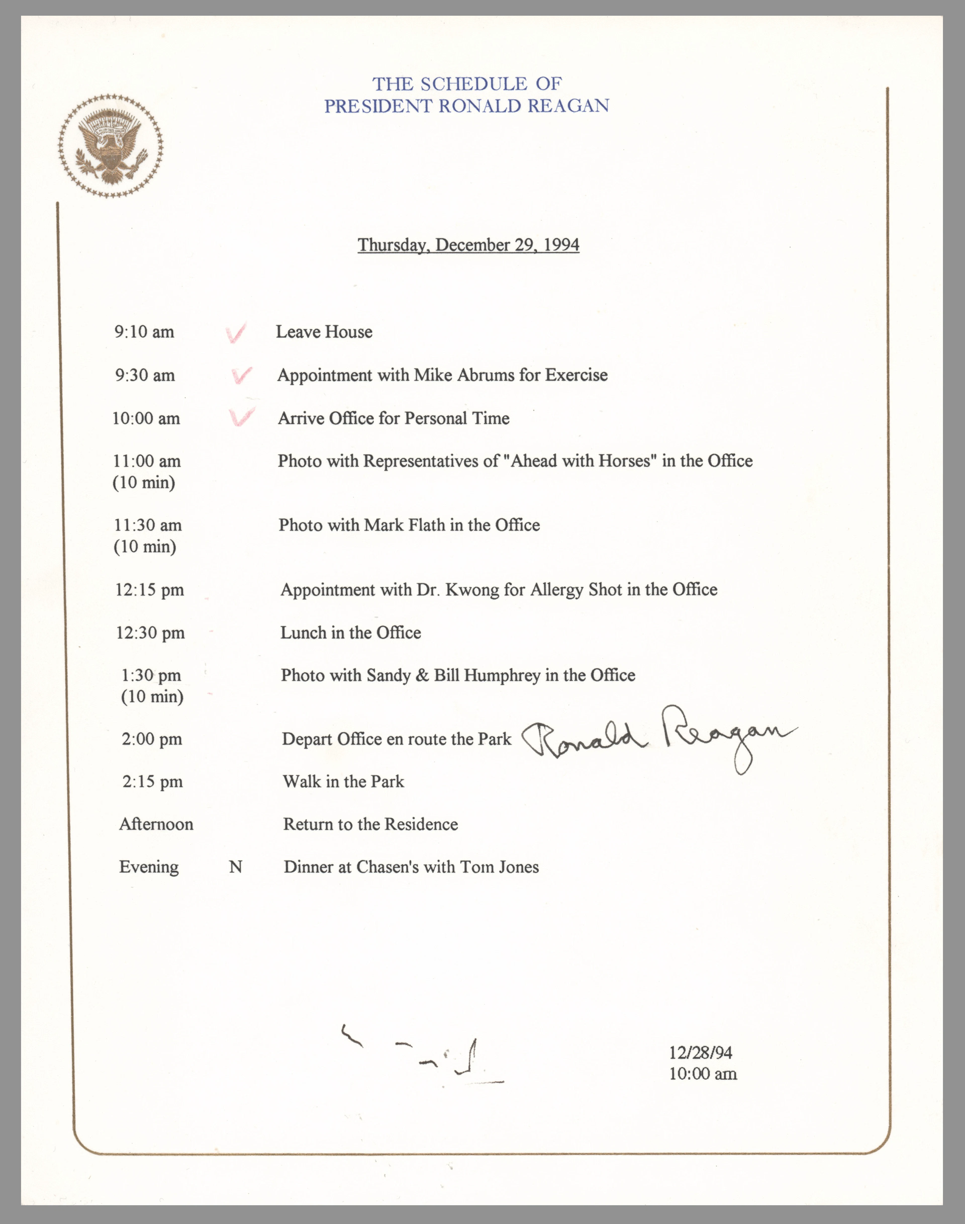 Ronald Reagan Signed Daily Schedule (1994)