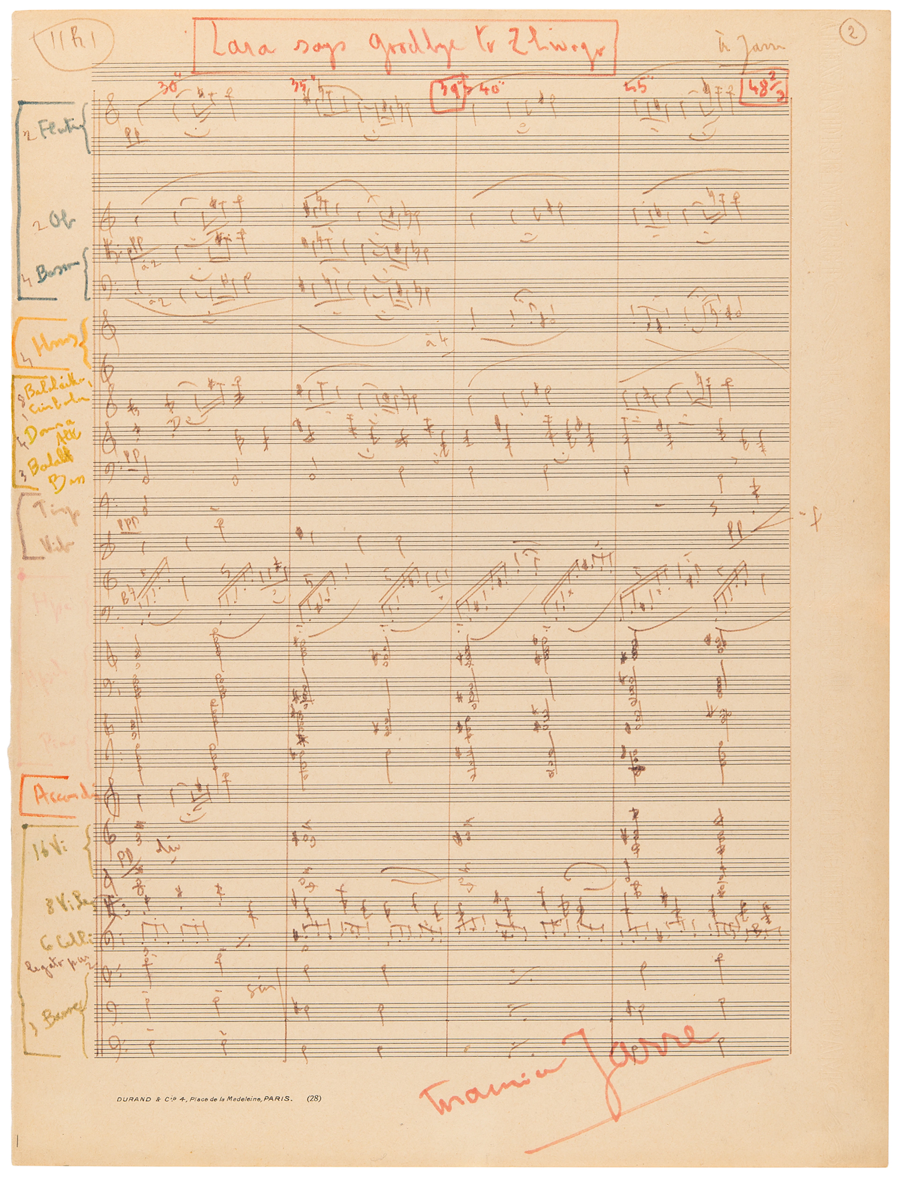 Maurice Jarre Autograph Musical Manuscript Signed - 'Lara's Theme'