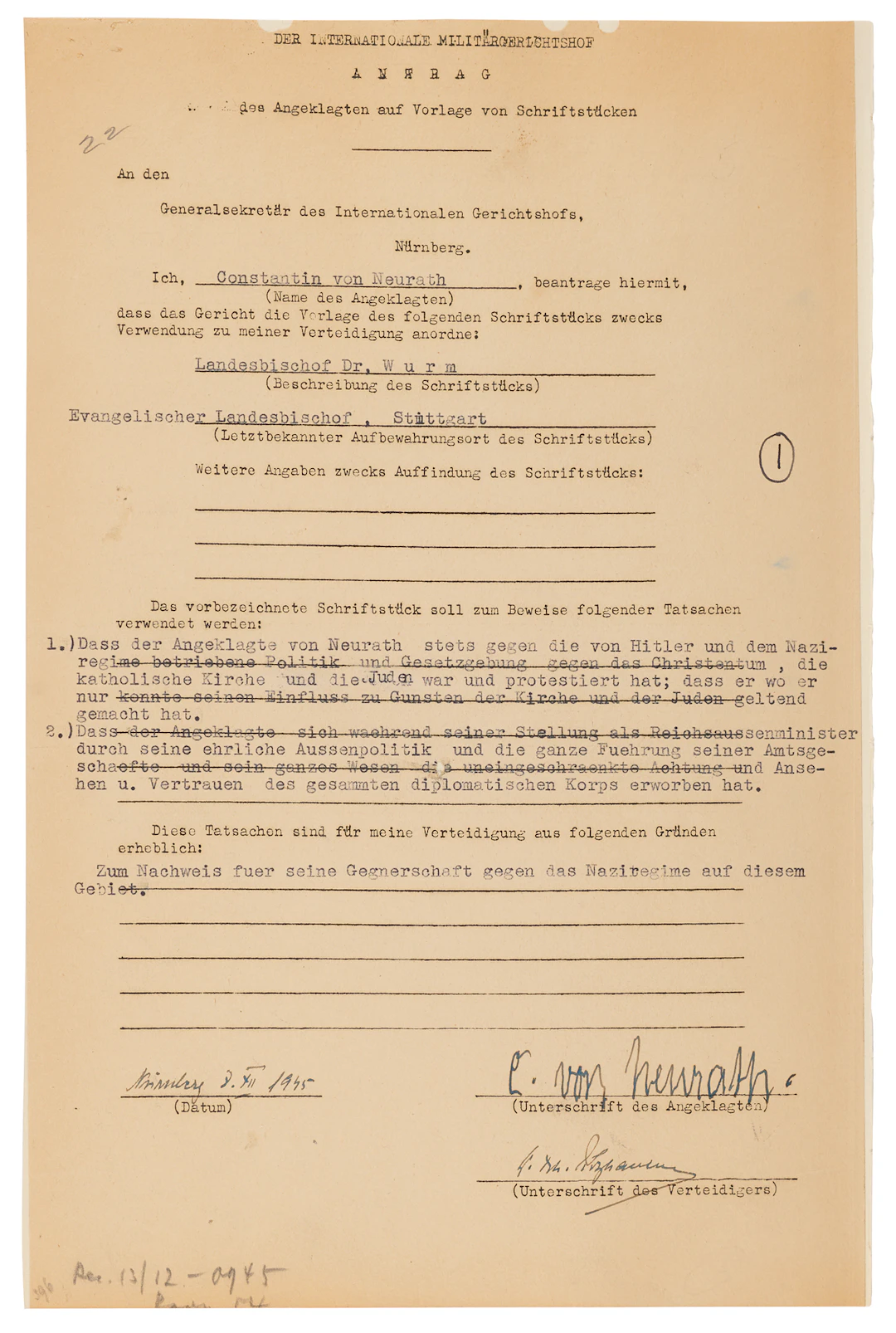 Konstantin von Neurath Document Signed at Nuremberg, Calling on Bishop
