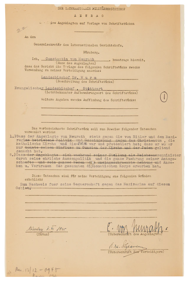 Konstantin von Neurath Document Signed at Nuremberg, Calling on Bishop