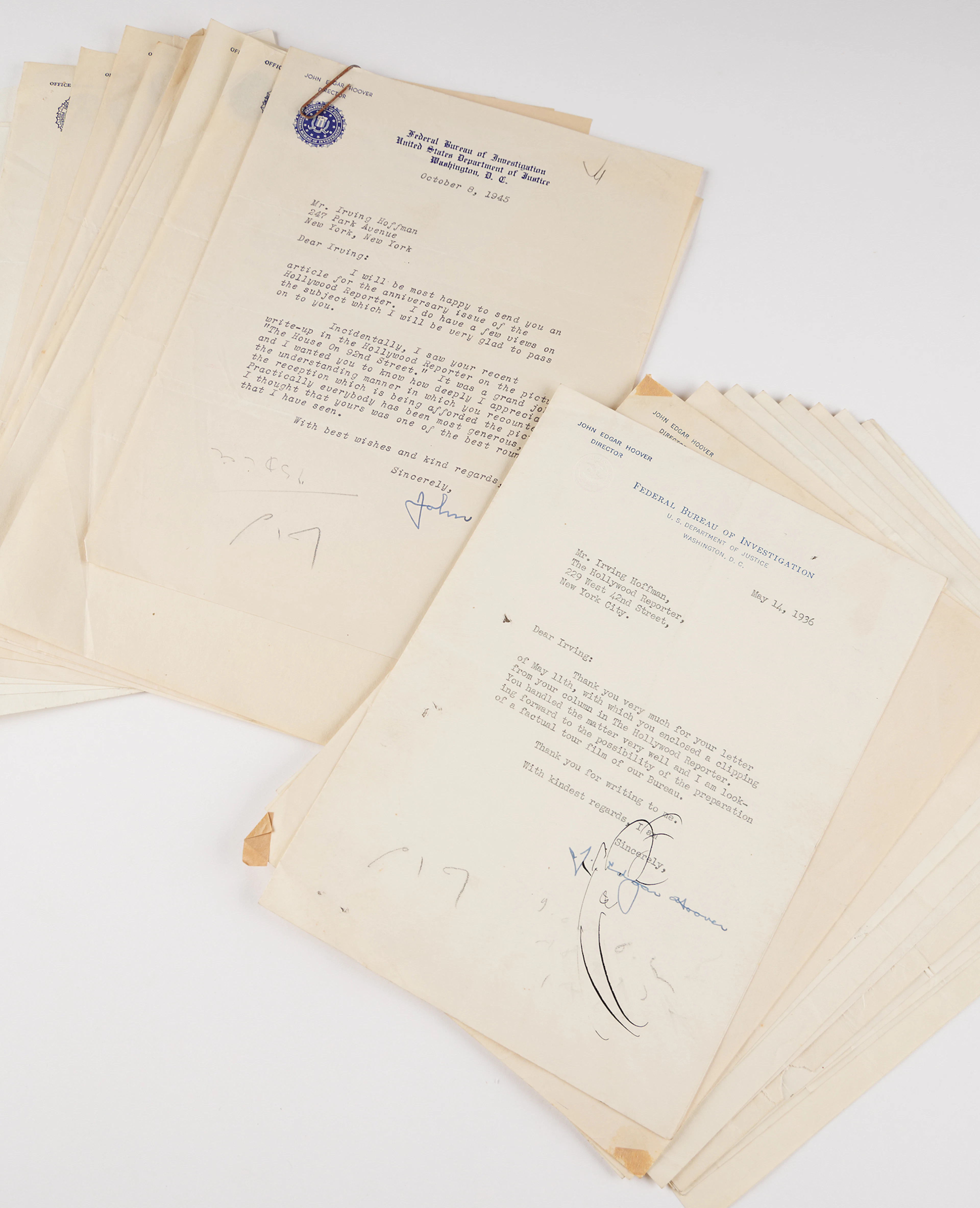 J. Edgar Hoover Collection of (33) Typed Letters Signed