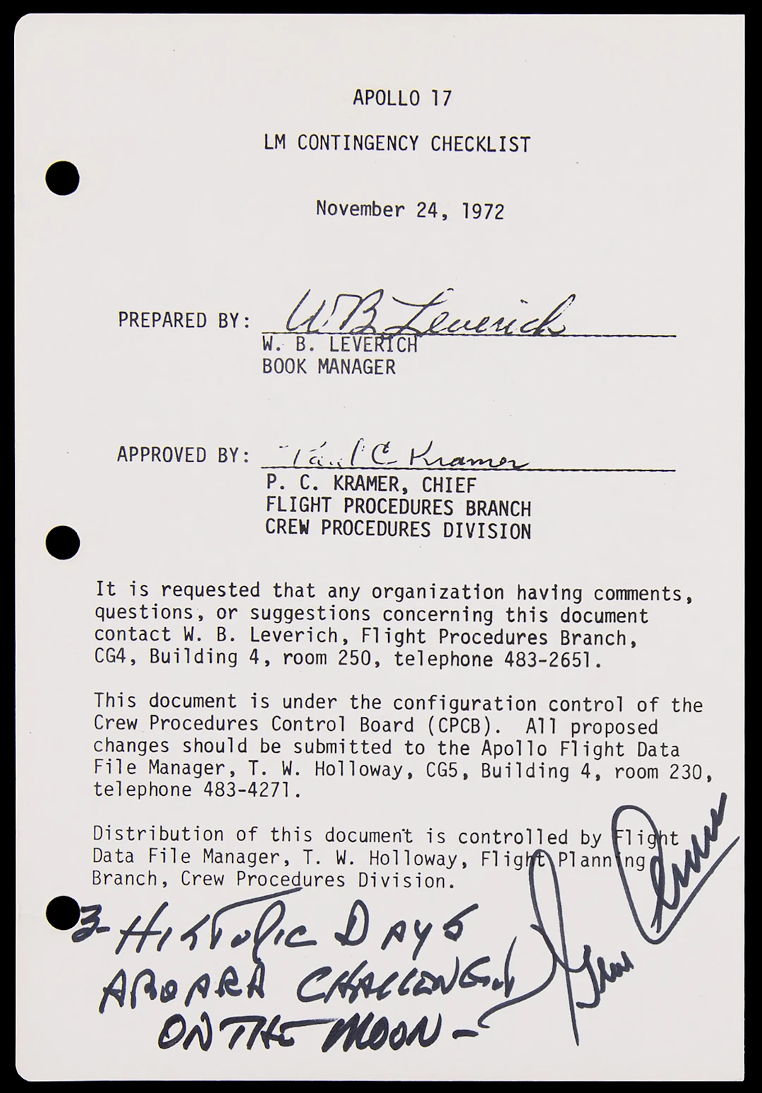 Apollo 17 Lunar Flown Checklist Page - Signed by Gene Cernan
