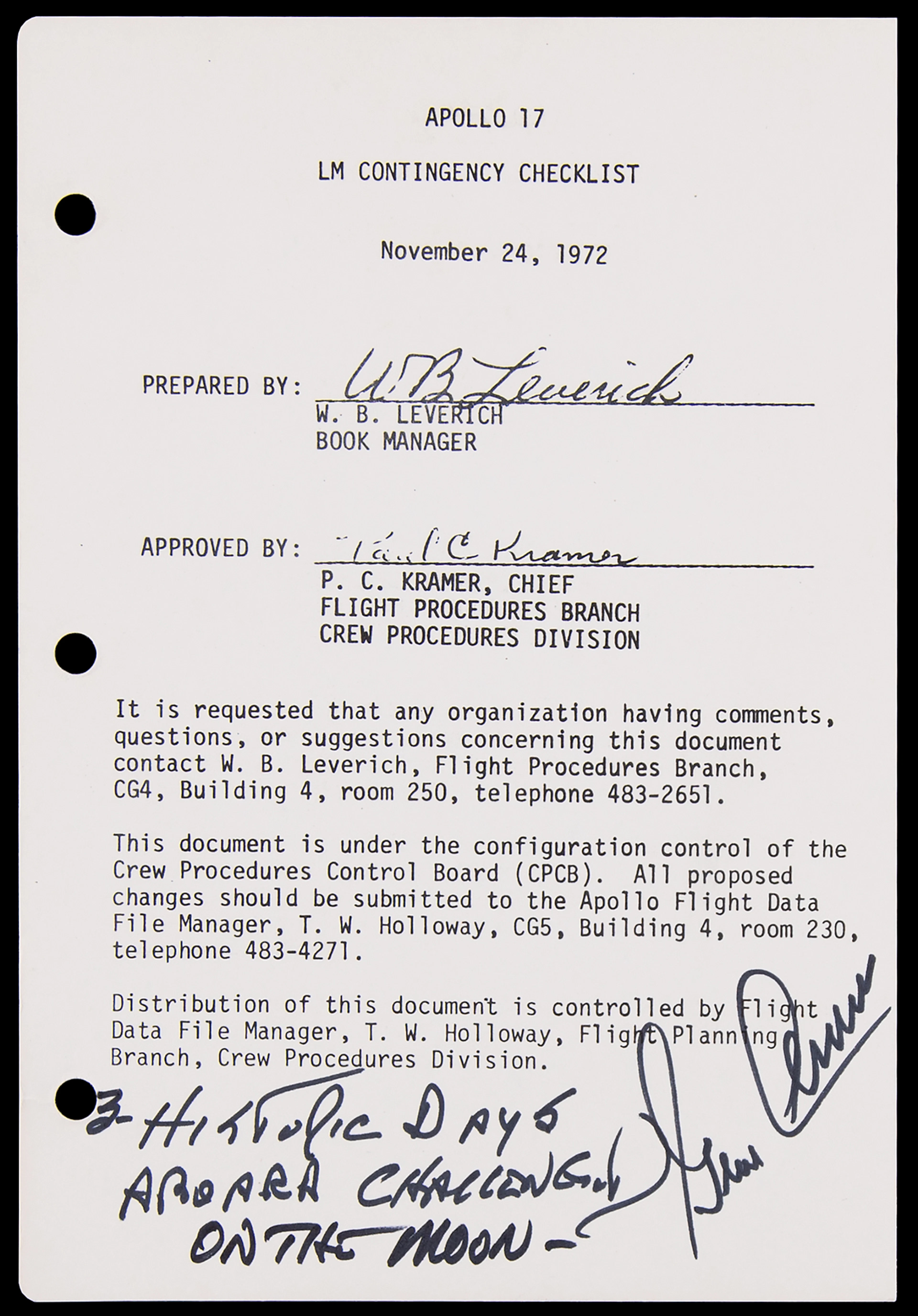 Apollo 17 Lunar Flown Checklist Page - Signed by Gene Cernan