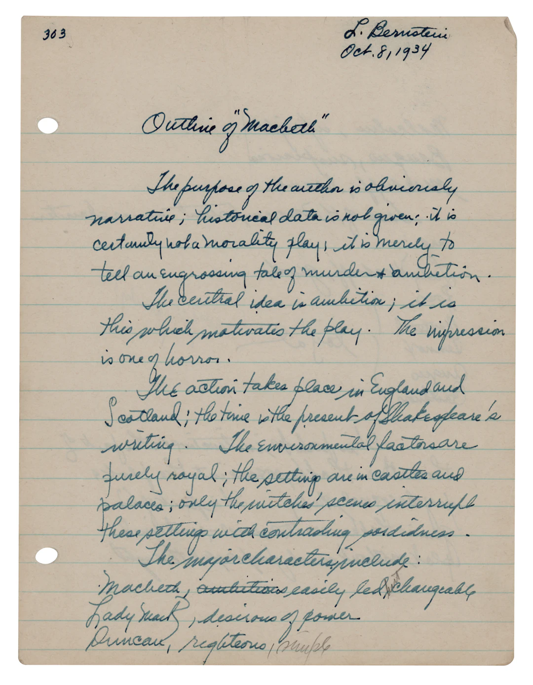 Leonard Bernstein Autograph Manuscript Signed - Schoolwork on Shakespeare's