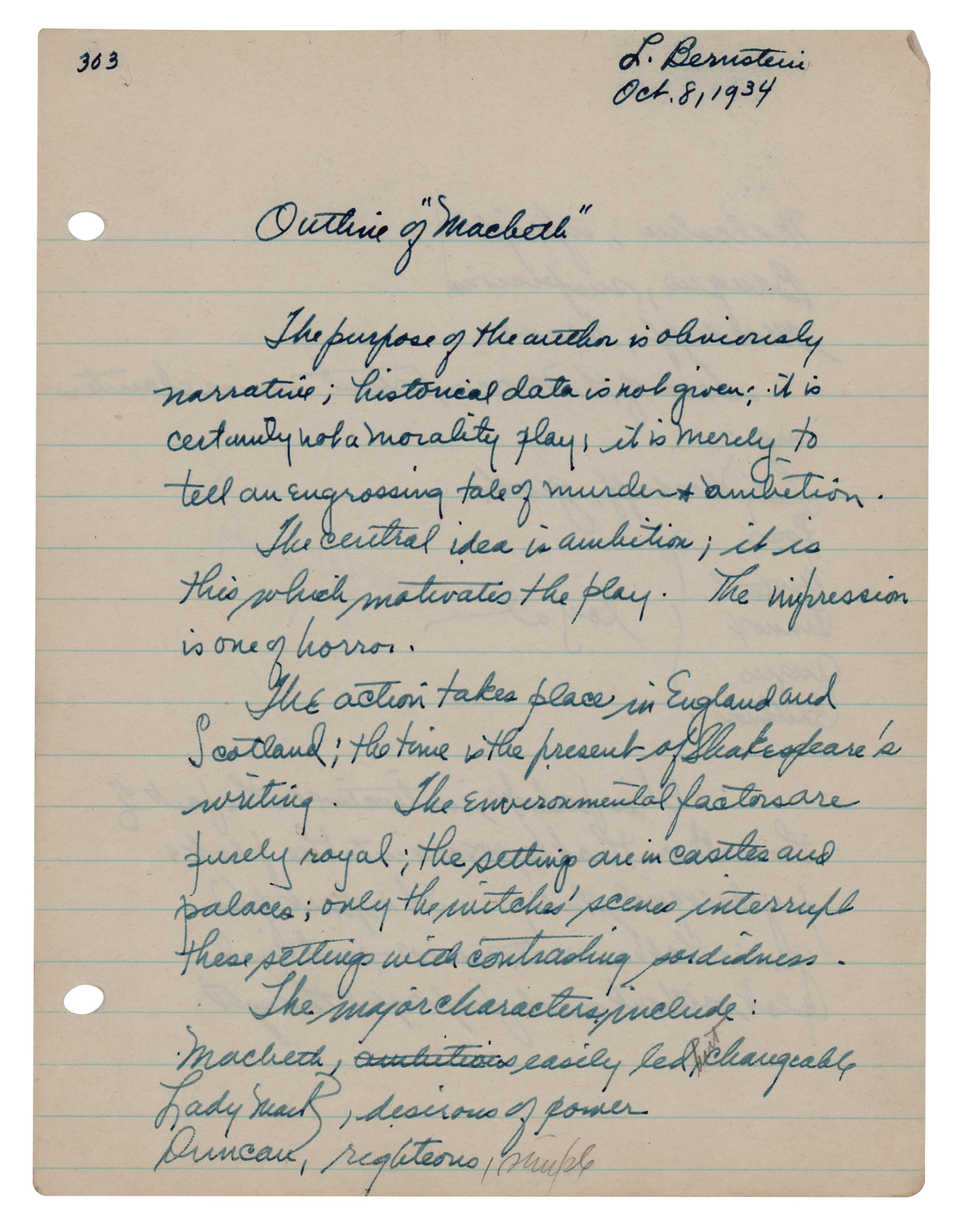 Leonard Bernstein Autograph Manuscript Signed - Schoolwork on Shakespeare's