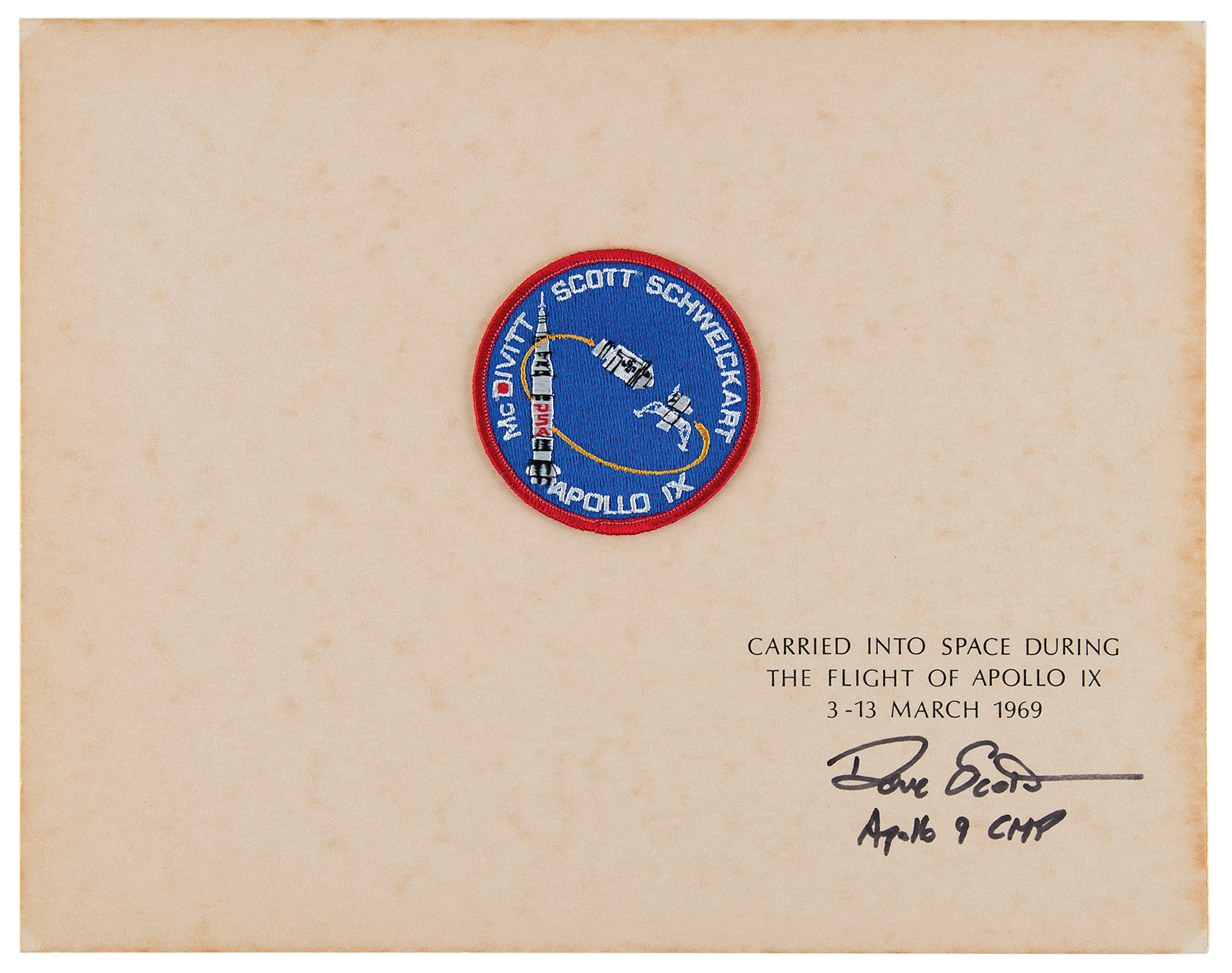 Apollo 9 Flown Patch Presentation - Signed and Flight-Certified by Dave Scott