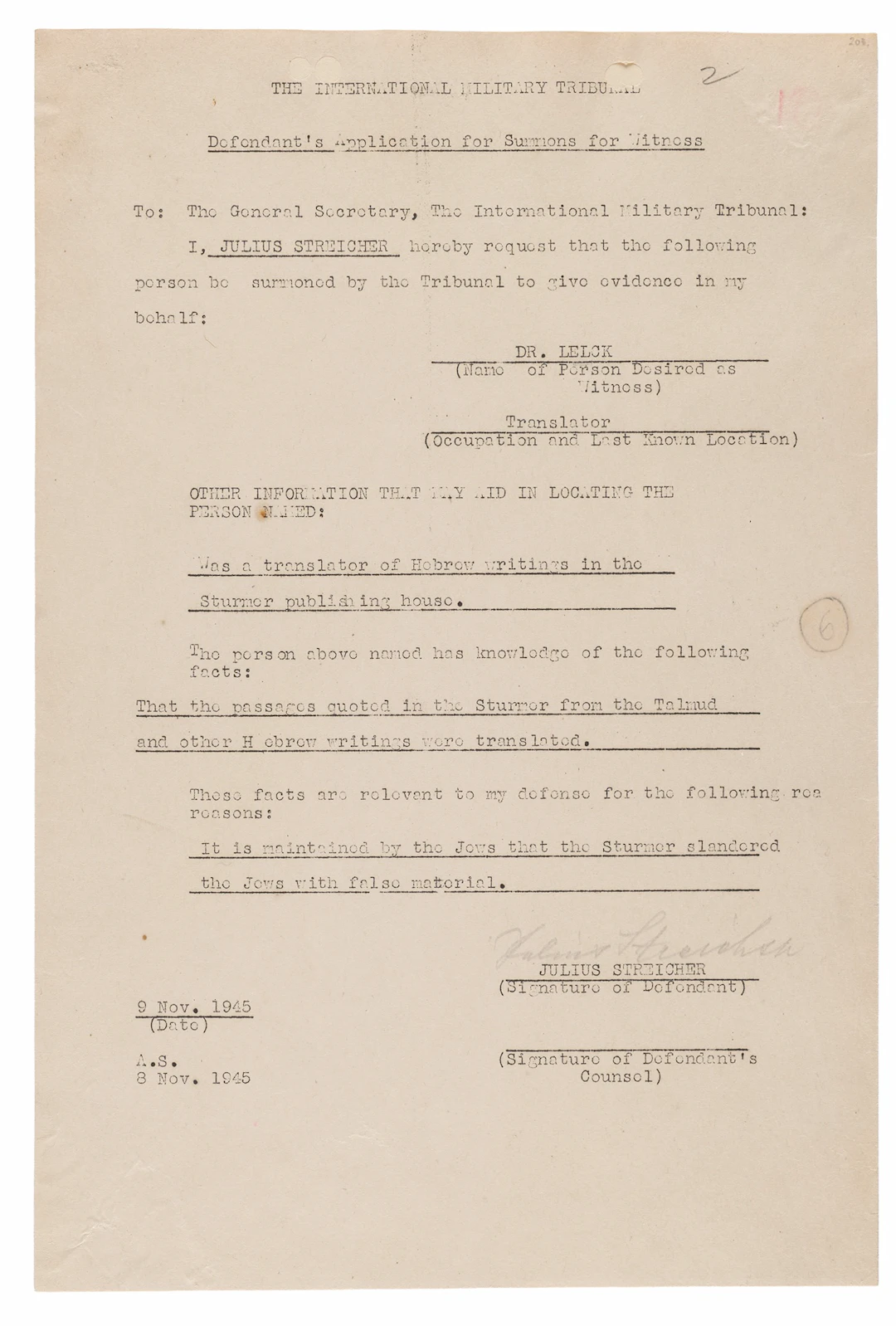 Julius Streicher Document Signed at Nuremberg, Seeking a Hebrew Translator