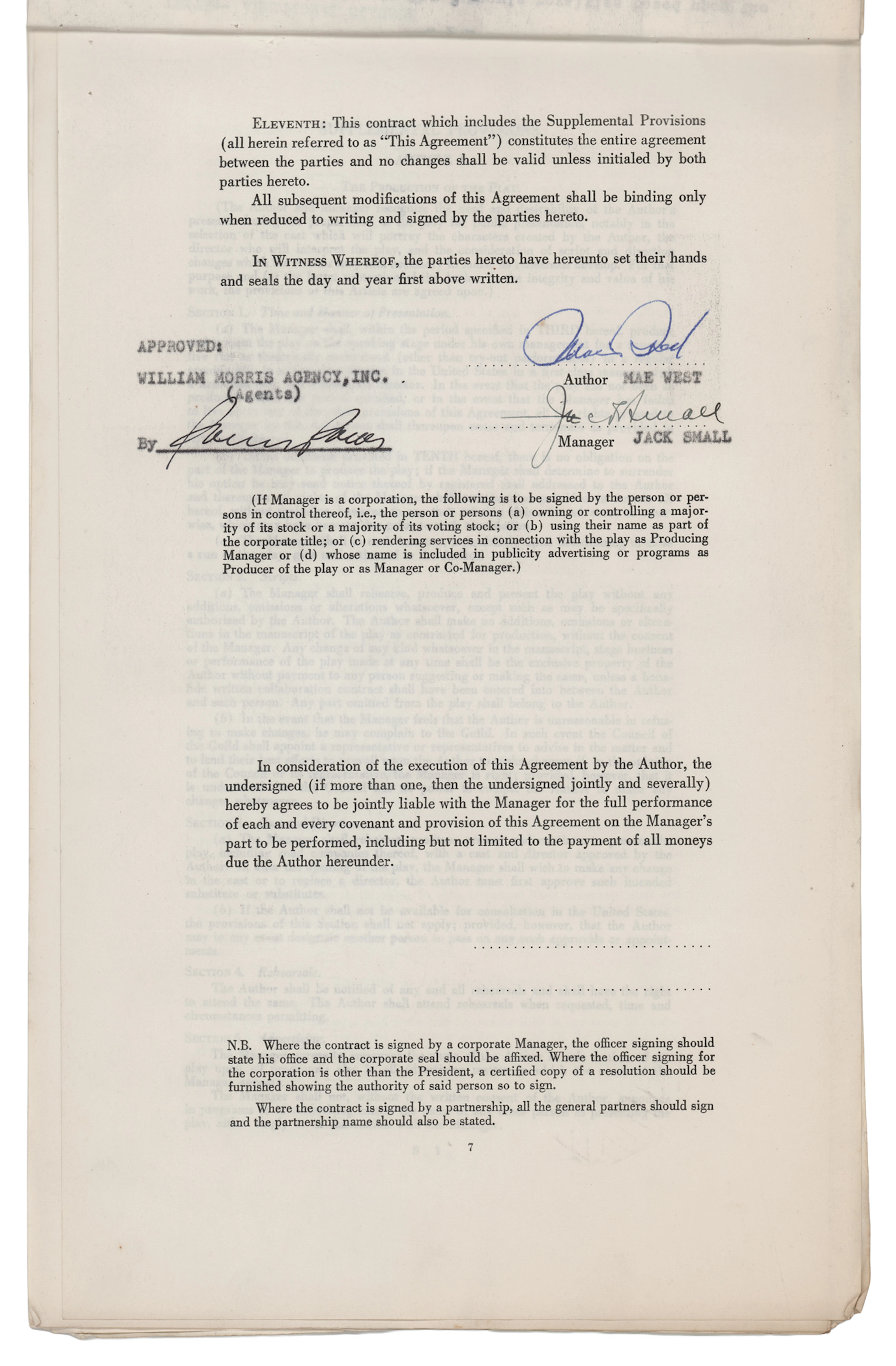 Mae West Signed Production Contract for Her Signature Play, Diamond Lil (1950)