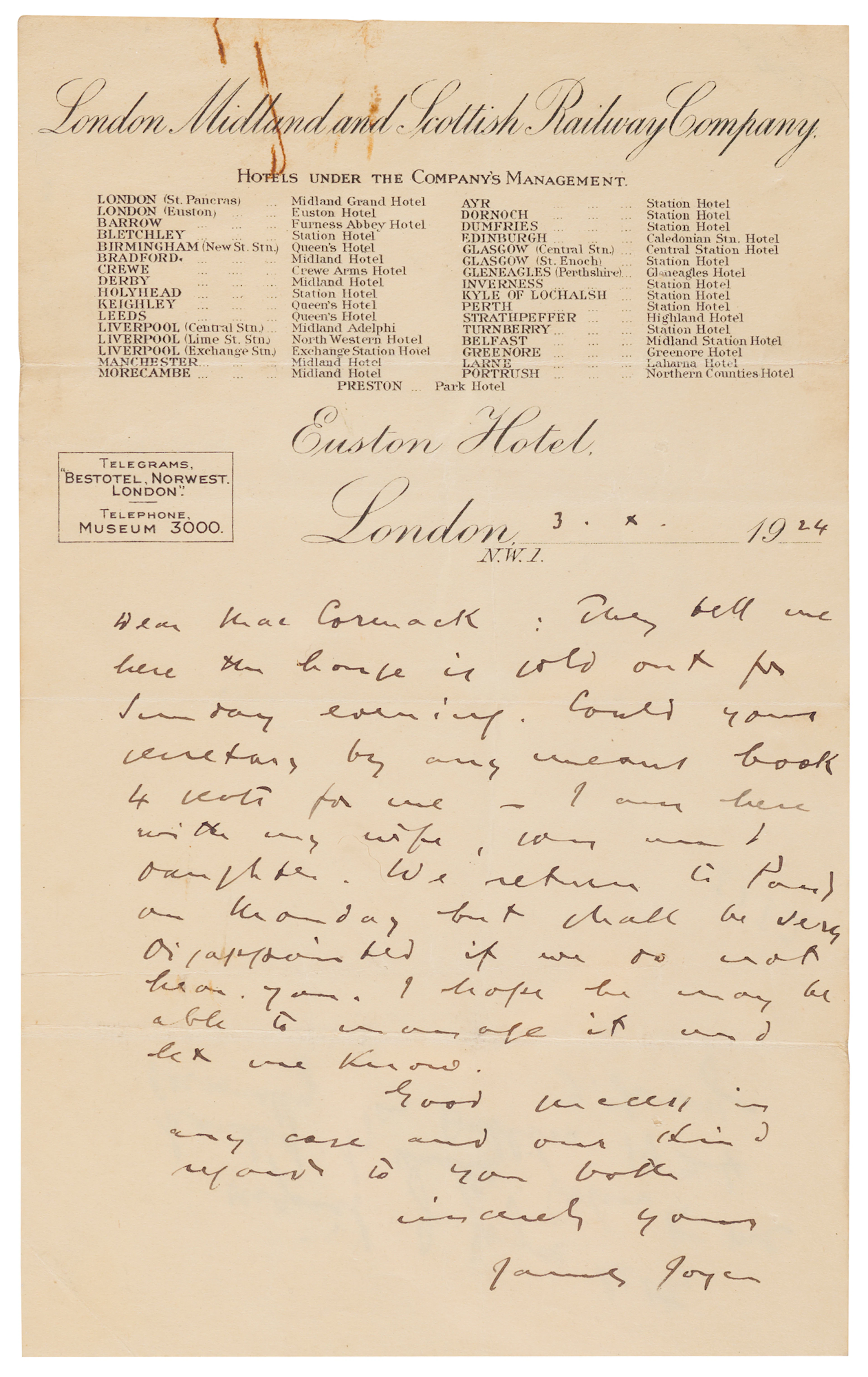 James Joyce Autograph Letter Signed to Irish Tenor John McCormack: