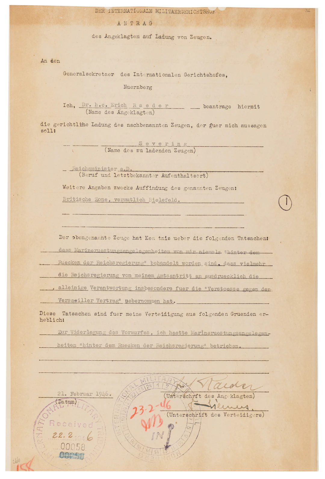 Erich Raeder Document Signed at Nuremberg, Seeking Testimony on Secret