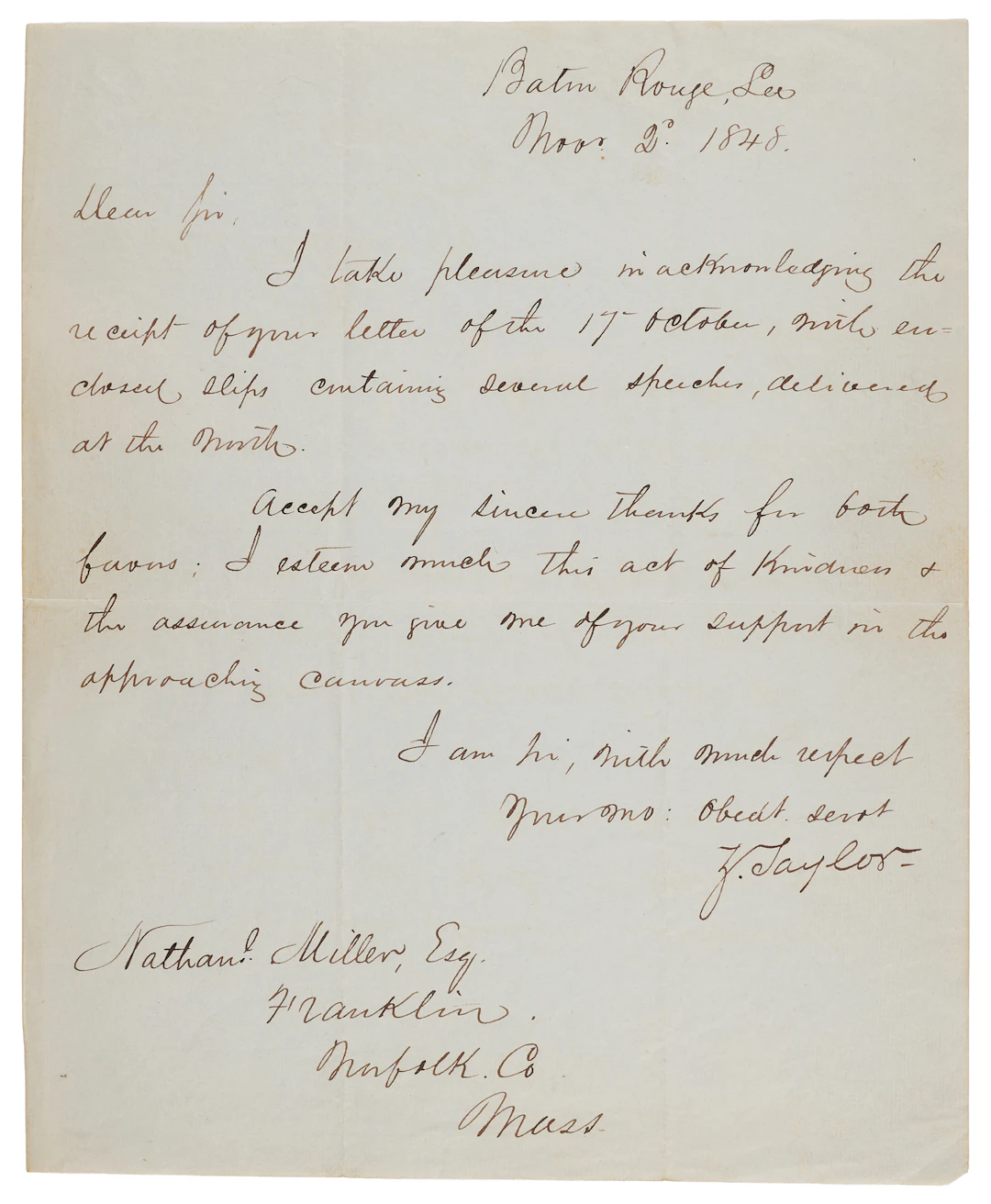 Zachary Taylor Letter Signed on the 1848 Presidential Election: "I