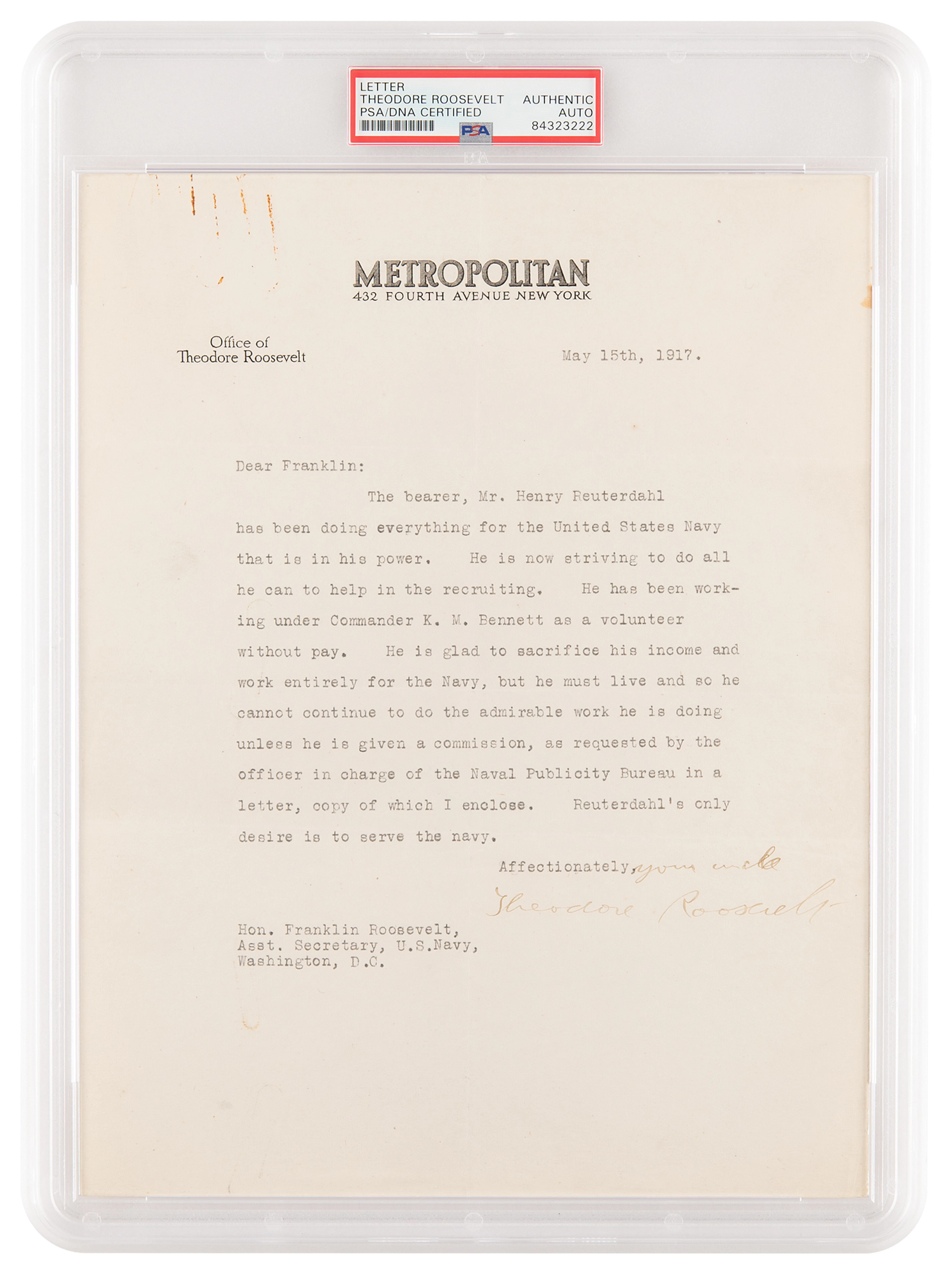 Theodore Roosevelt Typed Letter Signed to Franklin D. Roosevelt, Signed