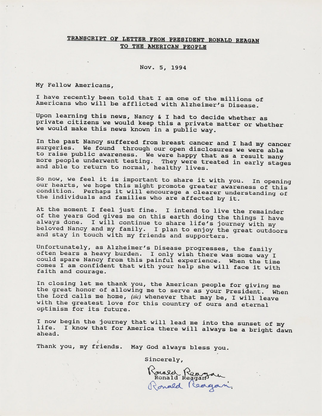 Ronald Reagan Signed Souvenir Typescript on Alzheimer's: "I now begin
