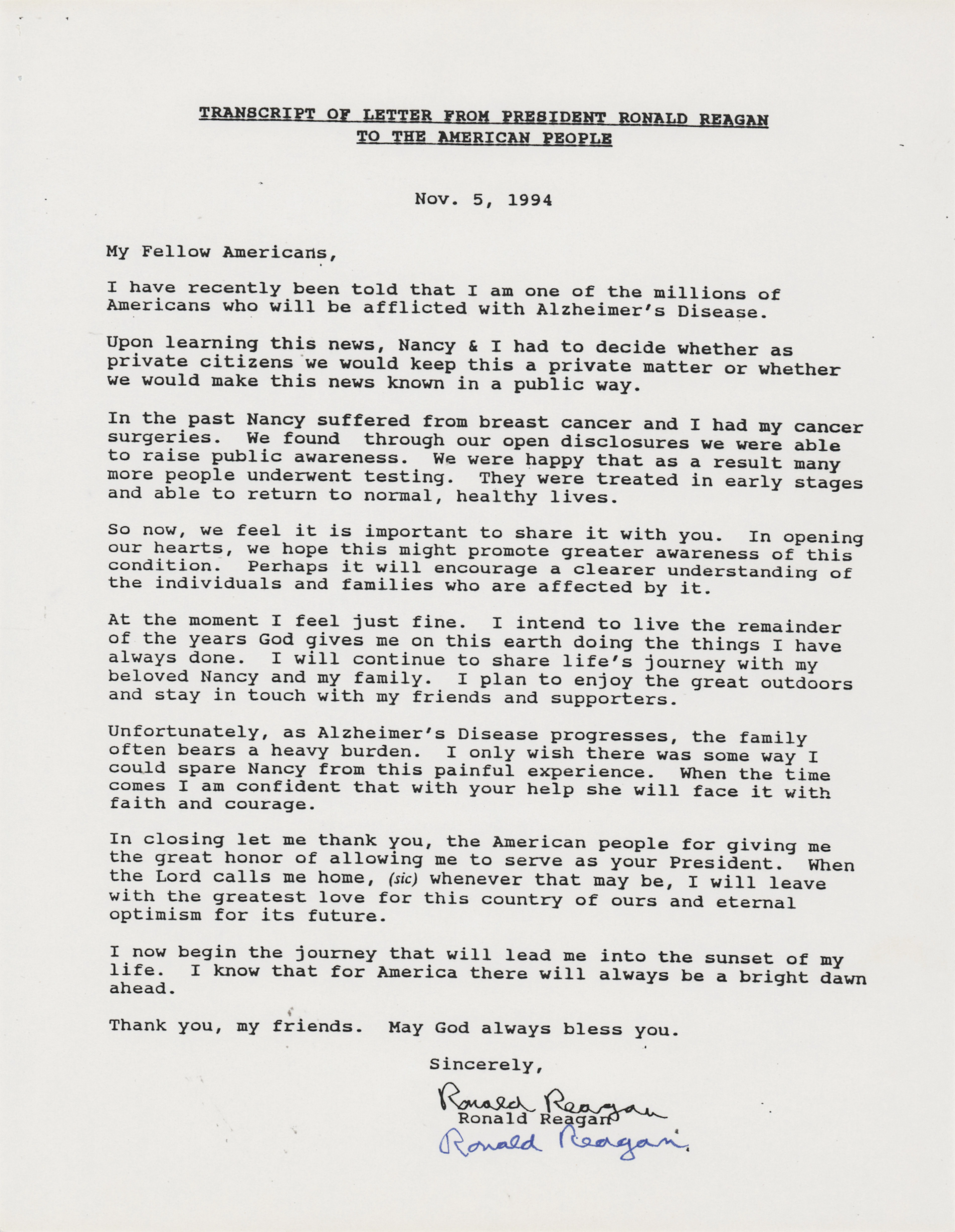 Ronald Reagan Signed Souvenir Typescript on Alzheimer's: "I now begin