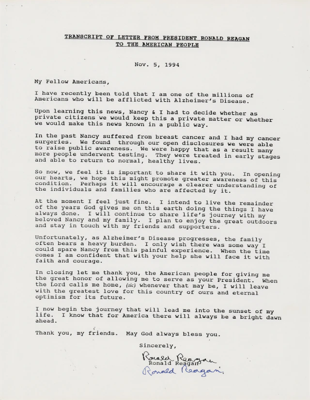 Ronald Reagan Signed Souvenir Typescript on Alzheimer's: "I now begin